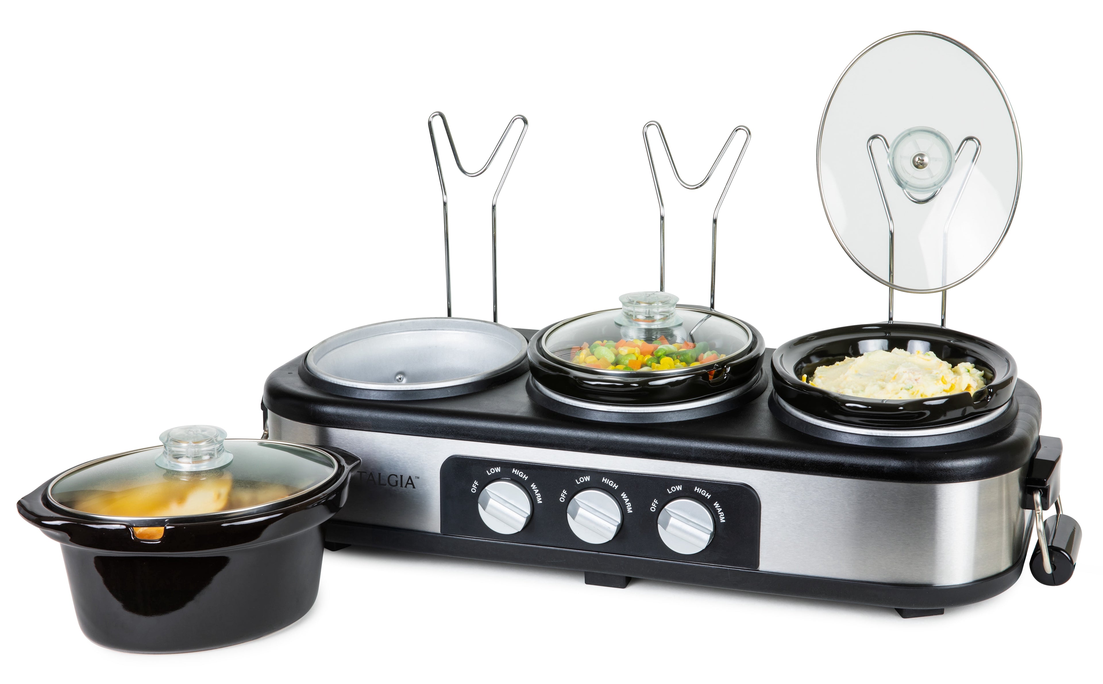 Nostalgia 1.5 qt Triple Slow Cooker - 3 Crock Pot Buffet Server with Removable Ceramic Pots, Stainless Steel