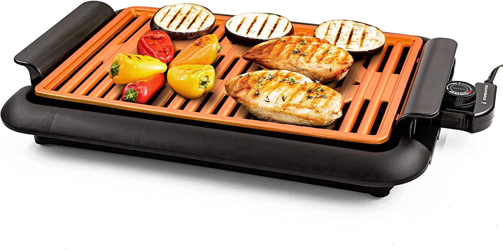 OVENTE Electric Indoor Grill - 15x10 Inch Non-Stick Plate, Copper GD1510NLCO - 1200W Fast Heat Up Power, Adjustable Temperature, Removable and Dishwasher Safe Grilling and Drip Tray