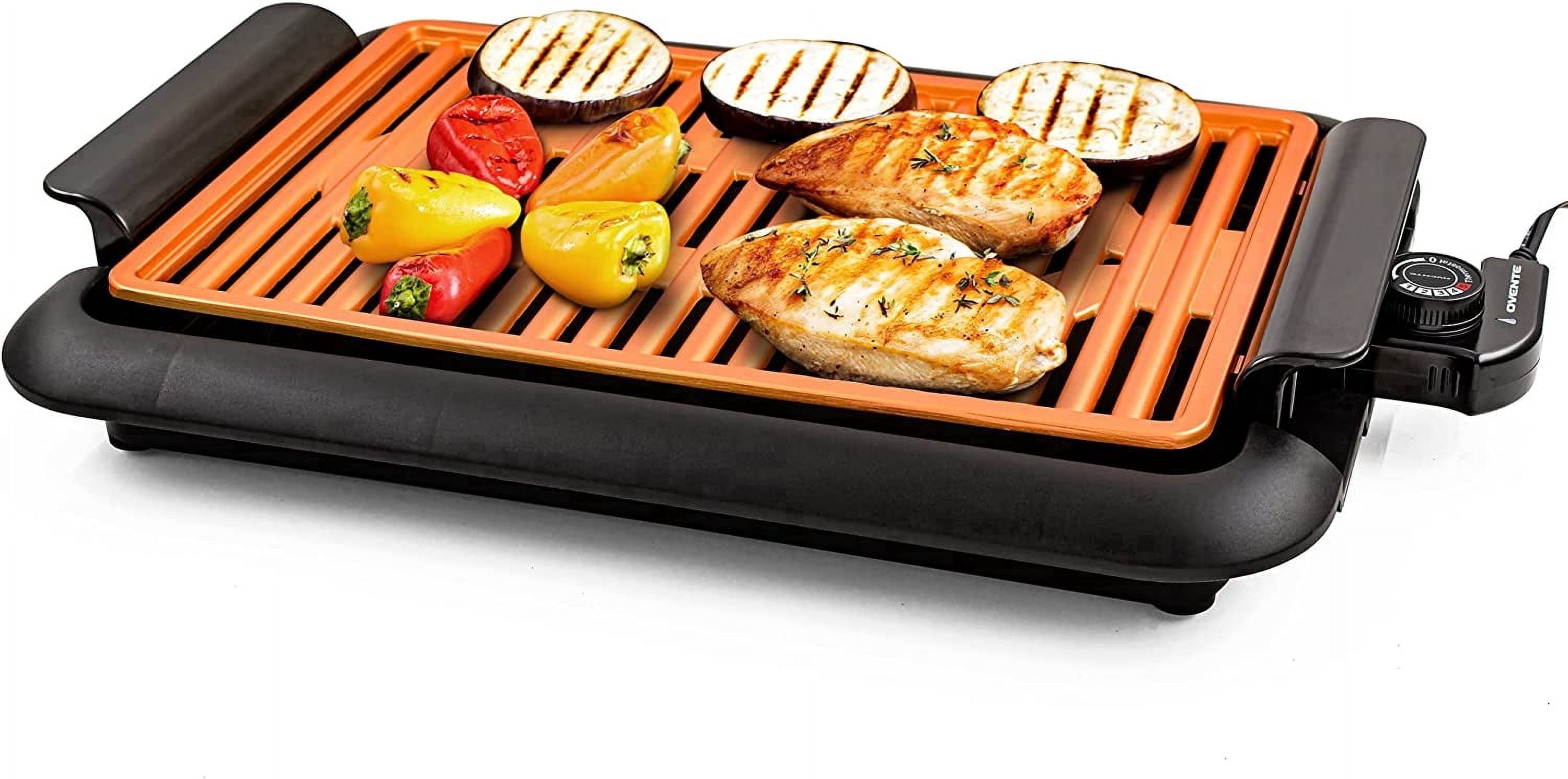 OVENTE Electric Indoor Grill - 15x10 Inch Non-Stick Plate, Copper GD1510NLCO - 1200W Fast Heat Up Power, Adjustable Temperature, Removable and Dishwasher Safe Grilling and Drip Tray