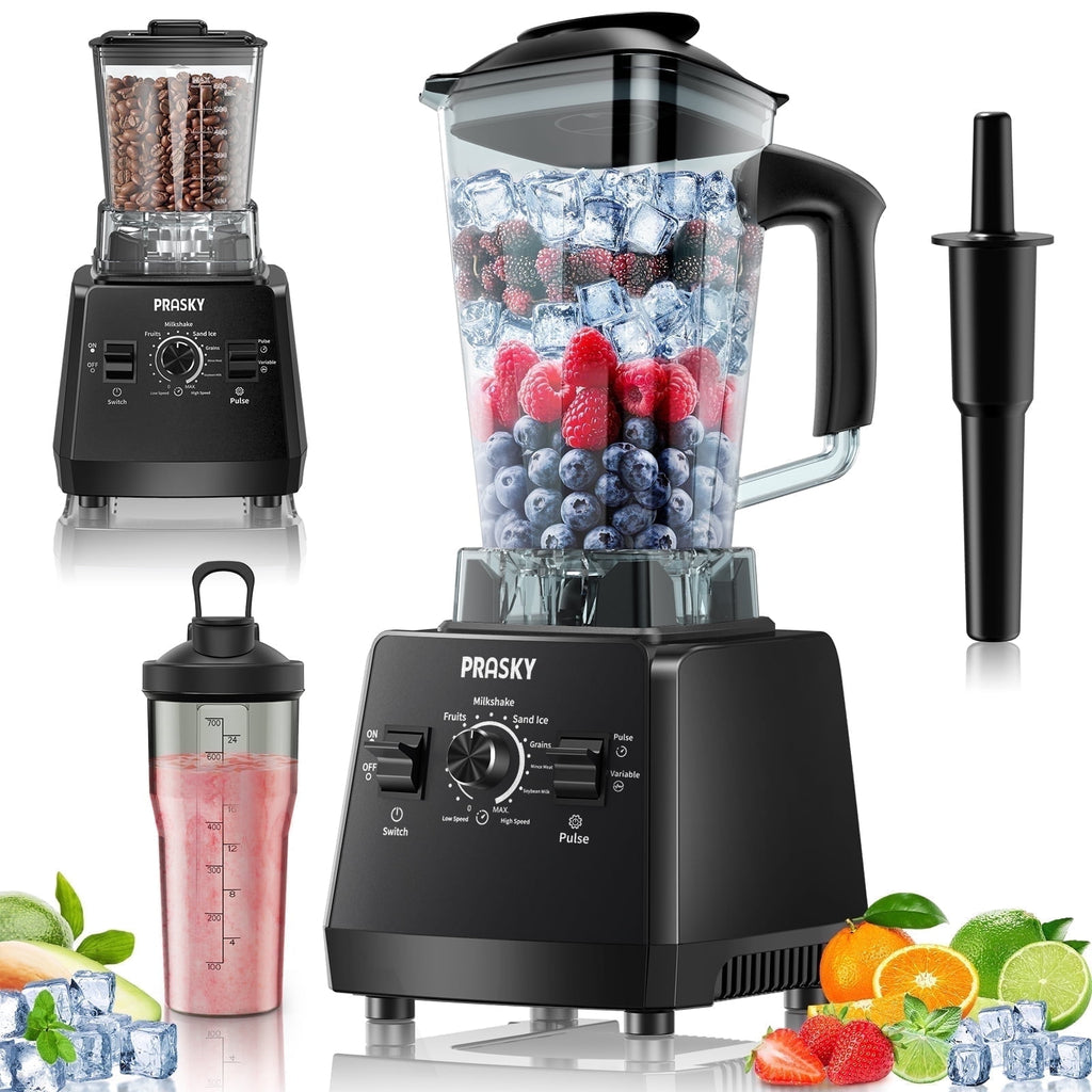 PRASKY Countertop Blender - 2-in-1 Professional Blender, 68oz Capacity 1000W 6 Speeds Blender for Kitchen with 25oz to-go Cup (Black)
