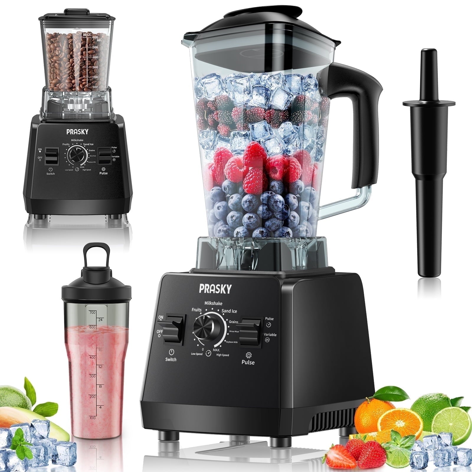 PRASKY Countertop Blender - 2-in-1 Professional Blender, 68oz Capacity 1000W 6 Speeds Blender for Kitchen with 25oz to-go Cup (Black)