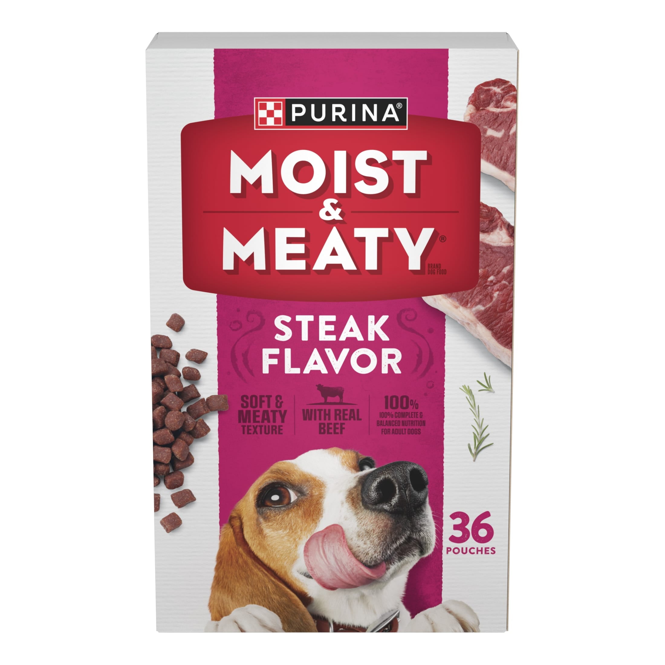 Purina Moist & Meaty Dry Dog Food - High Protein Steak Flavor with Real Beef, 6 oz Pouches (36 Pack)