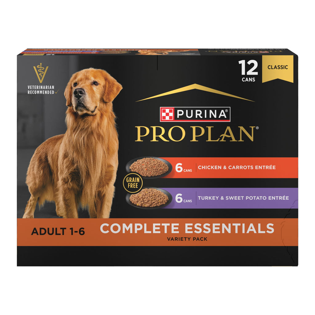 Purina Pro Plan Wet Grain Free Wet Dog Food Complete Essentials Variety Pack - Chicken and Carrots and Turkey and Sweet Potato Entrees, 13 oz Cans (12 Pack)