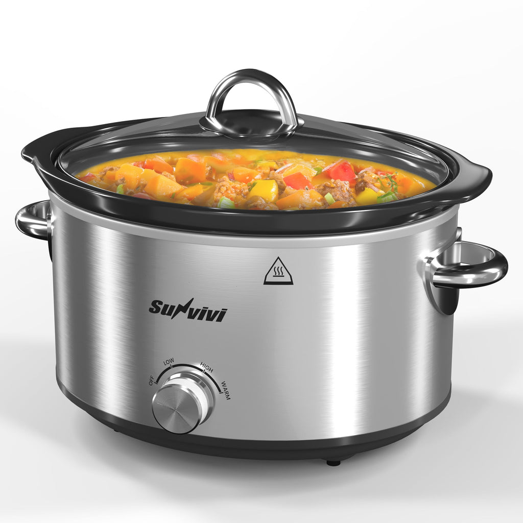 SUNVIVI Small Slow Cooker 4QT - Mini Food Warmer with 3 Heating Settings, Removable Ceramic Pot, Dishwasher Safe Glass Lid, Stainless Steel