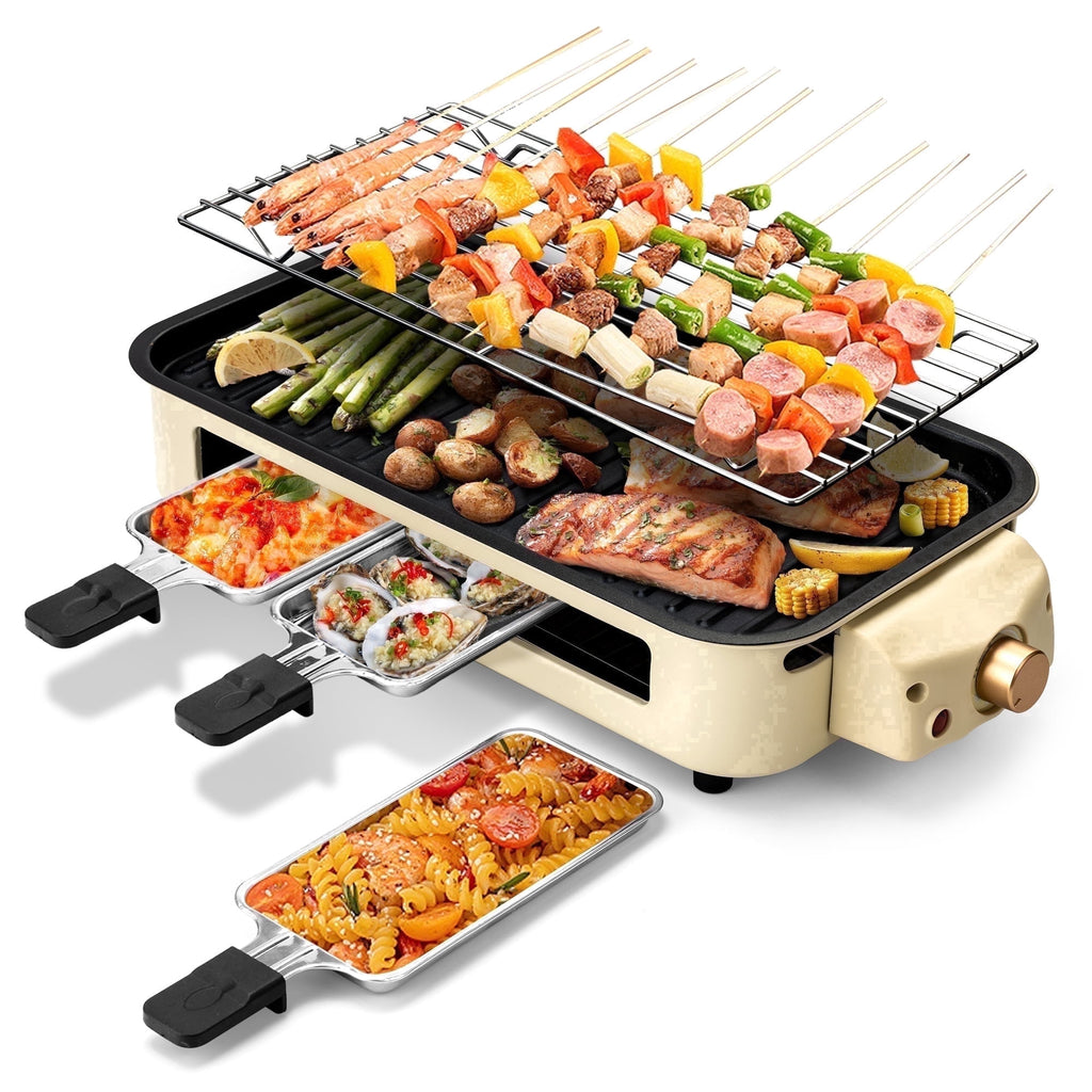 SUSLAS Electric Indoor Grill & Griddle - 1500W Smokeless Design with 3 Removable Nonstick Plates, Dishwasher Safe, Adjustable Temperature Control for Indoor Cooking(beige)