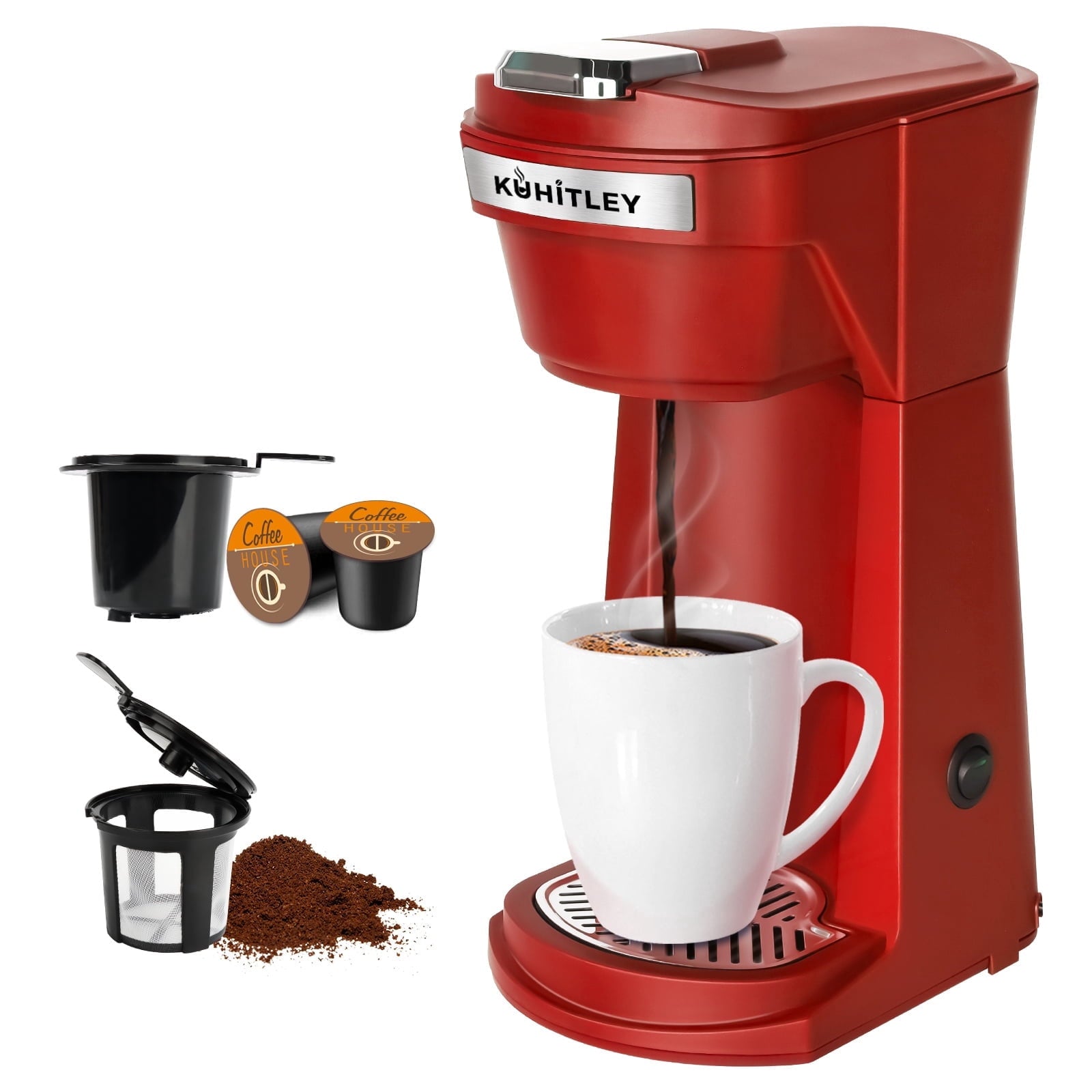 2 in 1 Single Serve Coffee Maker for K Cup Pods & Ground Coffee - Mini K Cup Coffee Machine with 6 to 14 oz Brew Sizes, Single Cup Coffee Brewer with One-Press Fast Brewing, Reusable Filters, Red