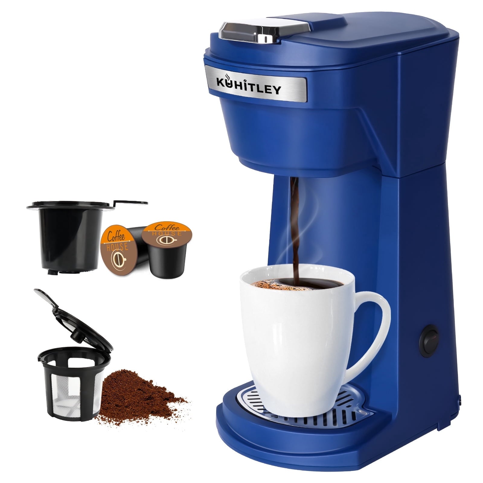 2 in 1 Single Serve Coffee Maker for K Cup Pods & Ground Coffee - Mini K Cup Coffee Machine with 6 to 14 oz Brew Sizes, Single Cup Coffee Brewer with One-Press Fast Brewing, Reusable Filters, Blue