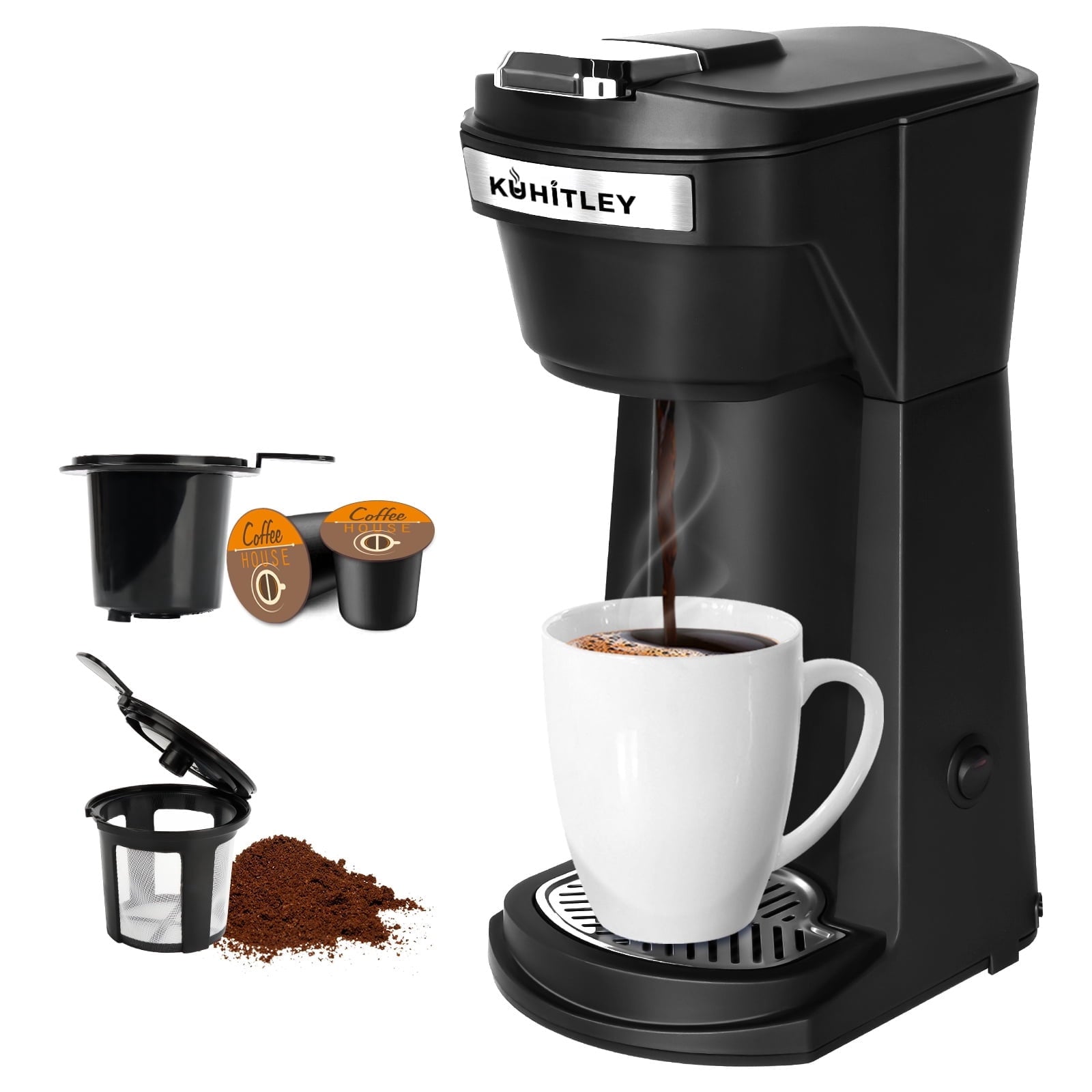 2 in 1 Single Serve Coffee Maker for K Cup Pods & Ground Coffee - Mini K Cup Coffee Machine with 6 to 14 oz Brew Sizes, Single Cup Coffee Brewer with One-Press Fast Brewing, Reusable Filters, Black