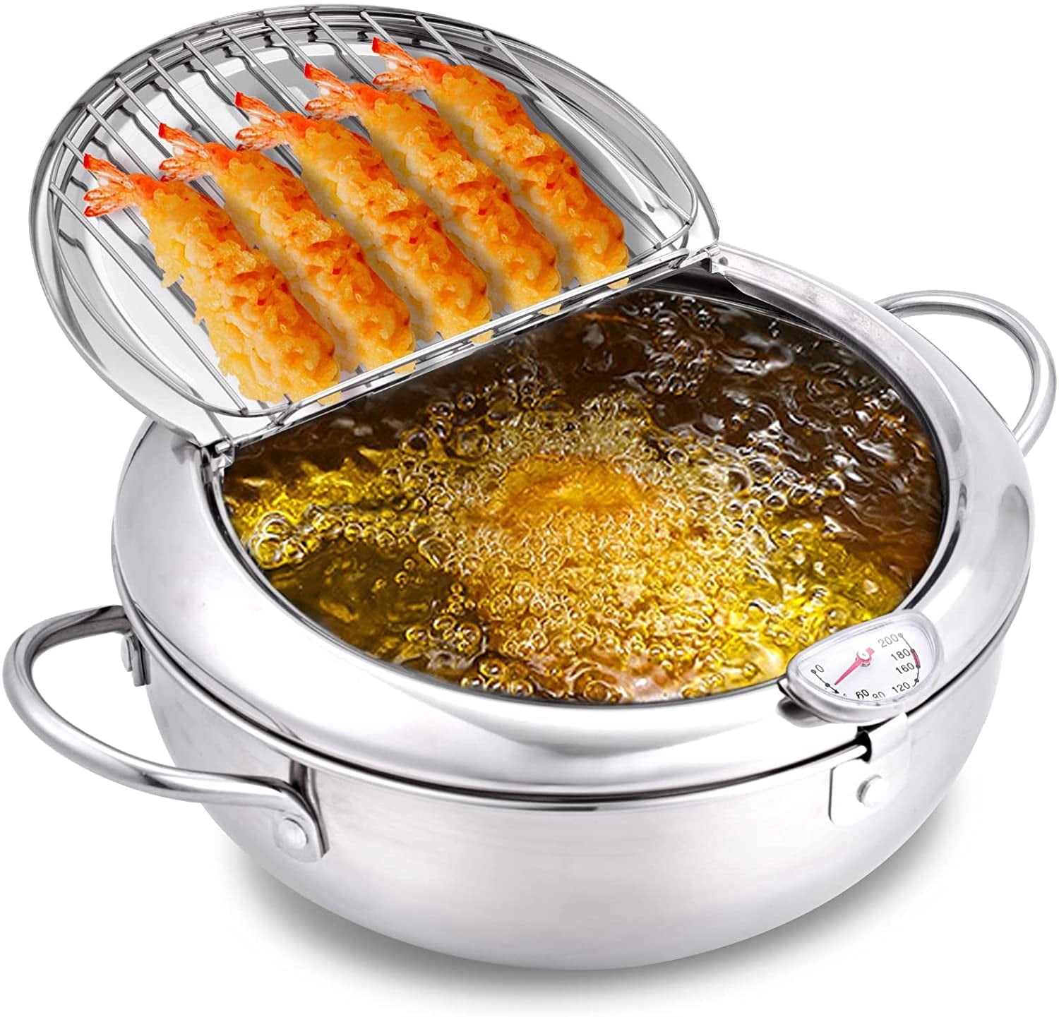 ZLF Deep Fryer Pot - 304 Stainless Steel Frying Pot with Oil Drain, Temperature Control and Lid, Tempura Deep Fryer Pot for Kitchen Stove/Induction Cooker French Fries Fryer 9.4"