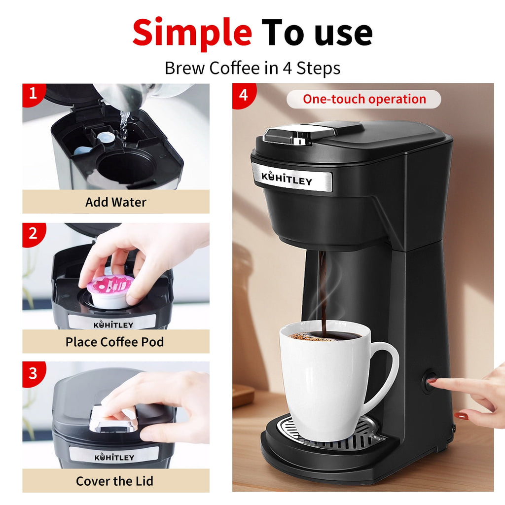 2 in 1 Single Serve Coffee Maker for K Cup Pods & Ground Coffee - Mini K Cup Coffee Machine with 6 to 14 oz Brew Sizes, Single Cup Coffee Brewer with One-Press Fast Brewing, Reusable Filters, Black