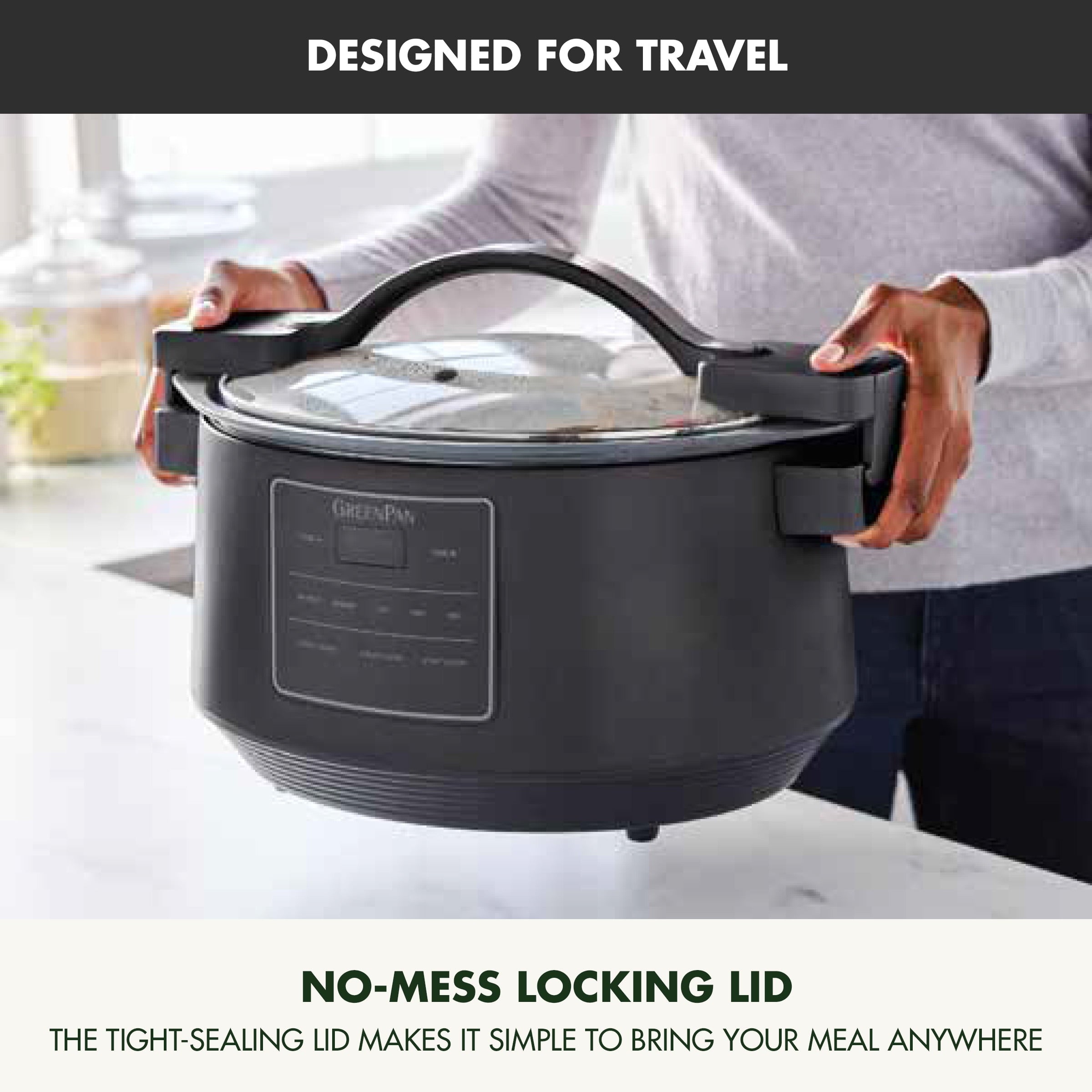 GreenPan 8 Quart Locking Lid Slow Cooker - Healthy Ceramic Nonstick, Graphite