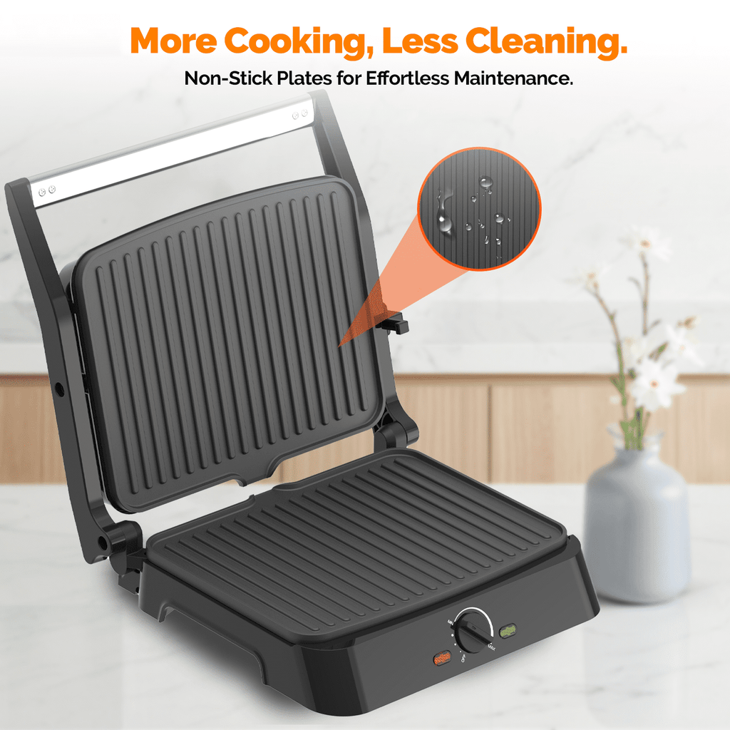 MIRASTON Electric Panini Press Grill - 3-in-1 Sandwich Maker with Non-Stick Plates, 180° Flat Open, Dishwasher Safe, Silver