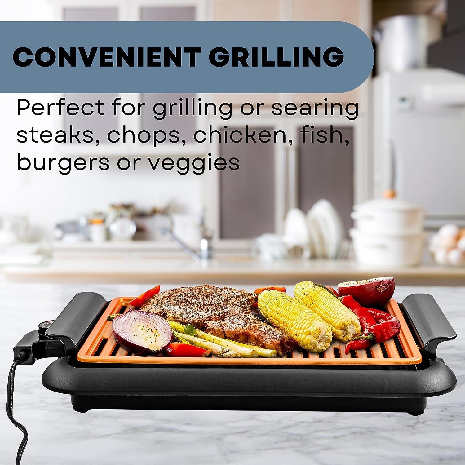 OVENTE Electric Indoor Grill - 15x10 Inch Non-Stick Plate, Copper GD1510NLCO - 1200W Fast Heat Up Power, Adjustable Temperature, Removable and Dishwasher Safe Grilling and Drip Tray