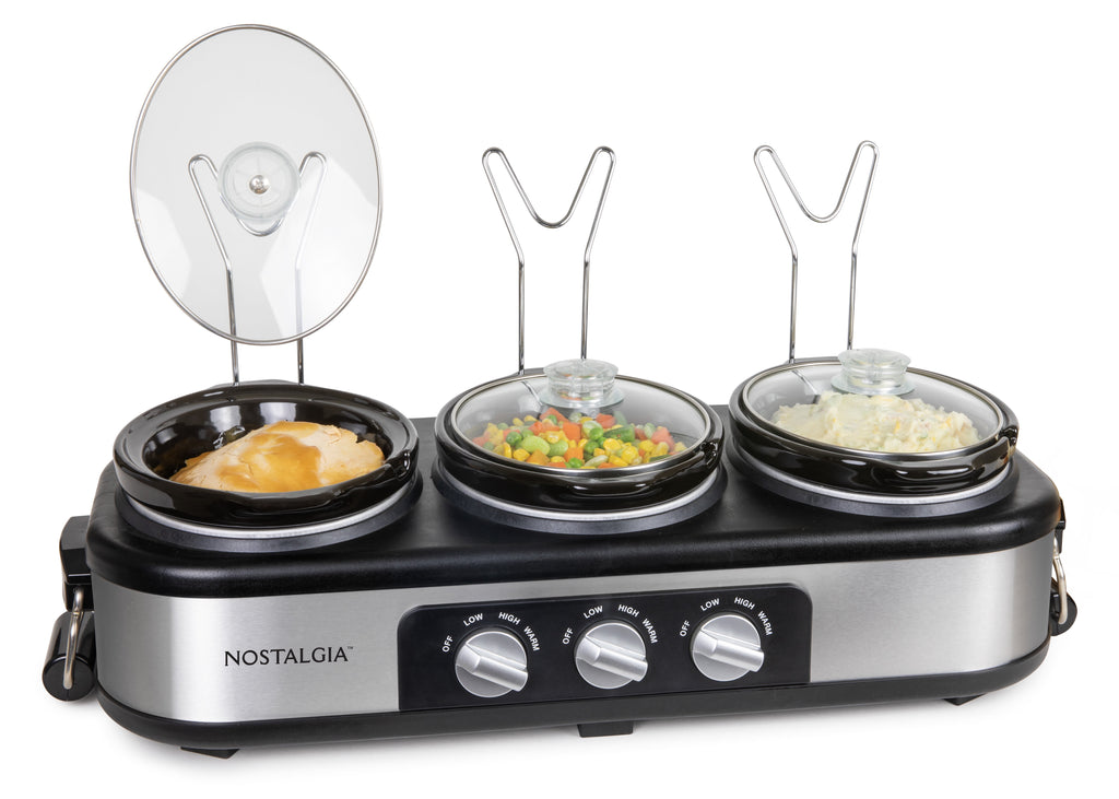 Nostalgia 1.5 qt Triple Slow Cooker - 3 Crock Pot Buffet Server with Removable Ceramic Pots, Stainless Steel