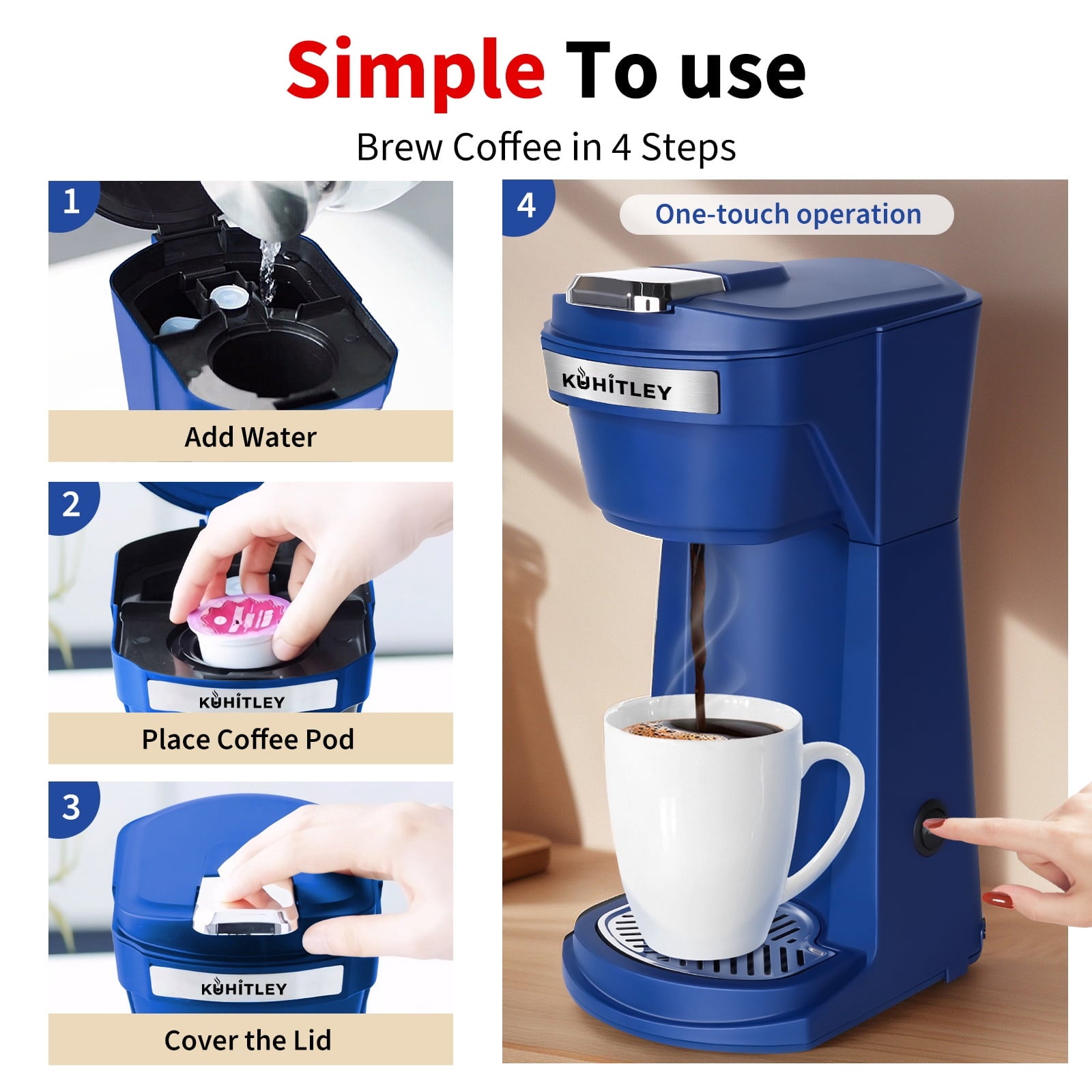2 in 1 Single Serve Coffee Maker for K Cup Pods & Ground Coffee - Mini K Cup Coffee Machine with 6 to 14 oz Brew Sizes, Single Cup Coffee Brewer with One-Press Fast Brewing, Reusable Filters, Blue