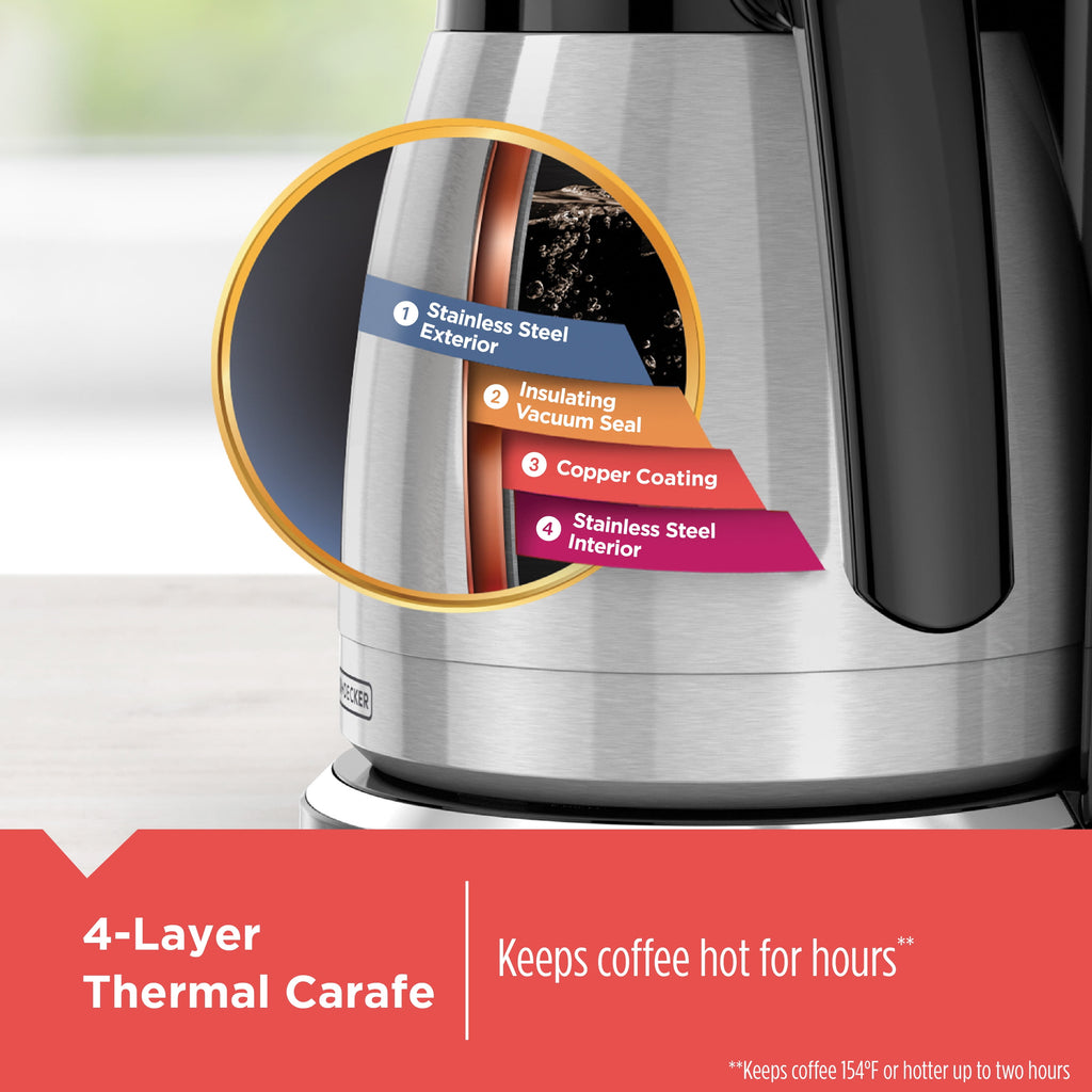 BLACK+DECKER 12 Cup Thermal Programmable Coffee Maker with Brew Strength and VORTEX Technology - Black/Steel