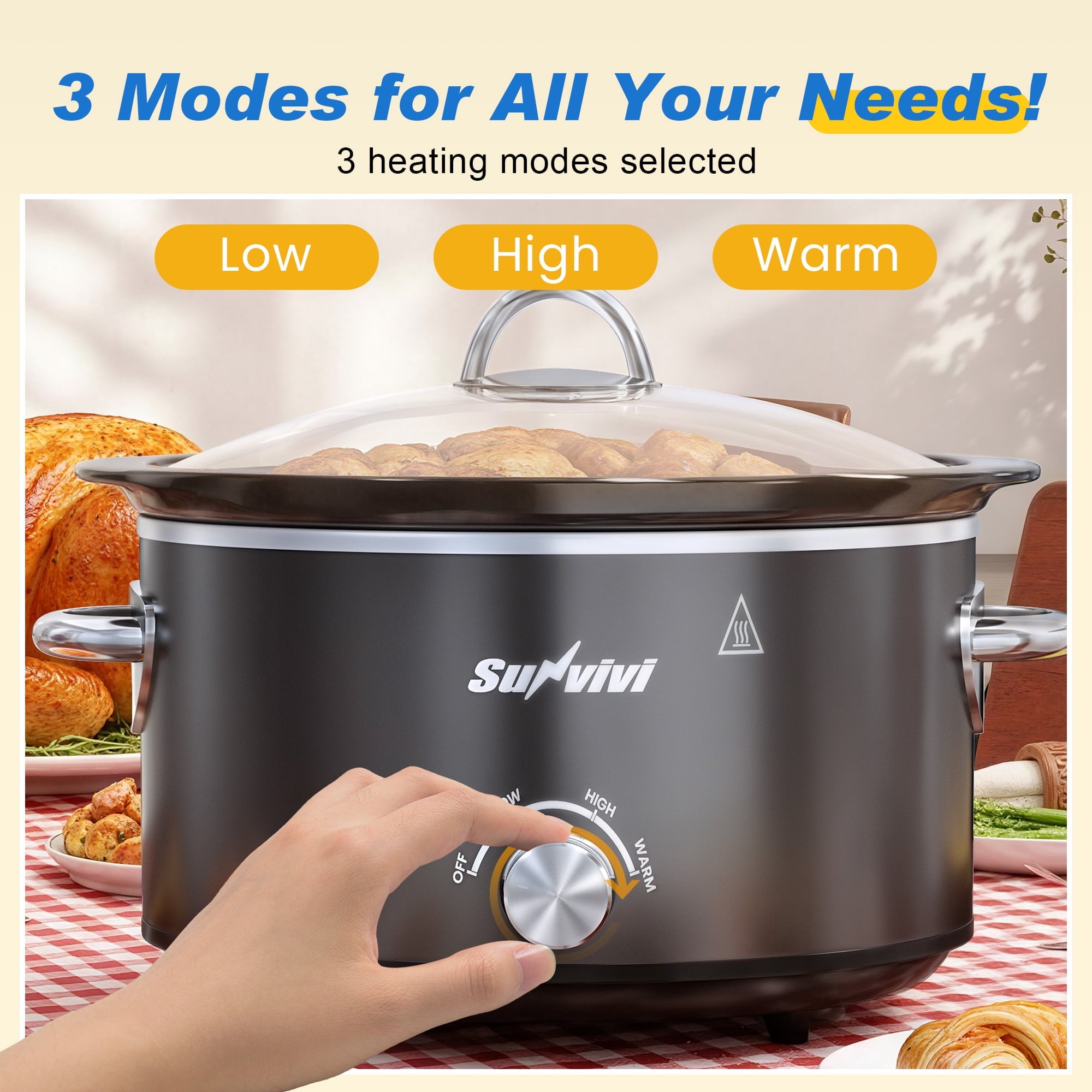 SUNVIVI Small Slow Cooker 4QT - Mini Food Warmer with 3 Heating Settings, Removable Ceramic Pot, Dishwasher Safe Glass Lid, Stainless Steel