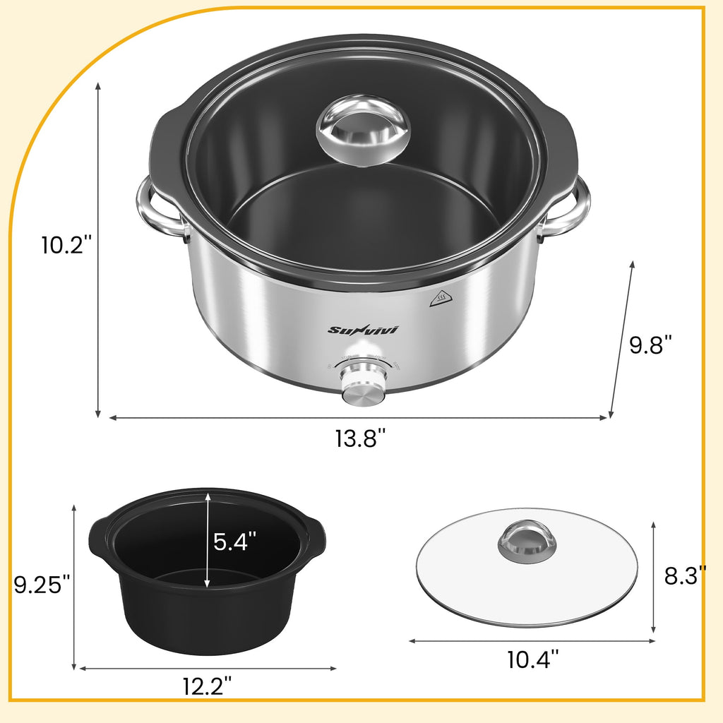 SUNVIVI Small Slow Cooker 4QT - Mini Food Warmer with 3 Heating Settings, Removable Ceramic Pot, Dishwasher Safe Glass Lid, Stainless Steel