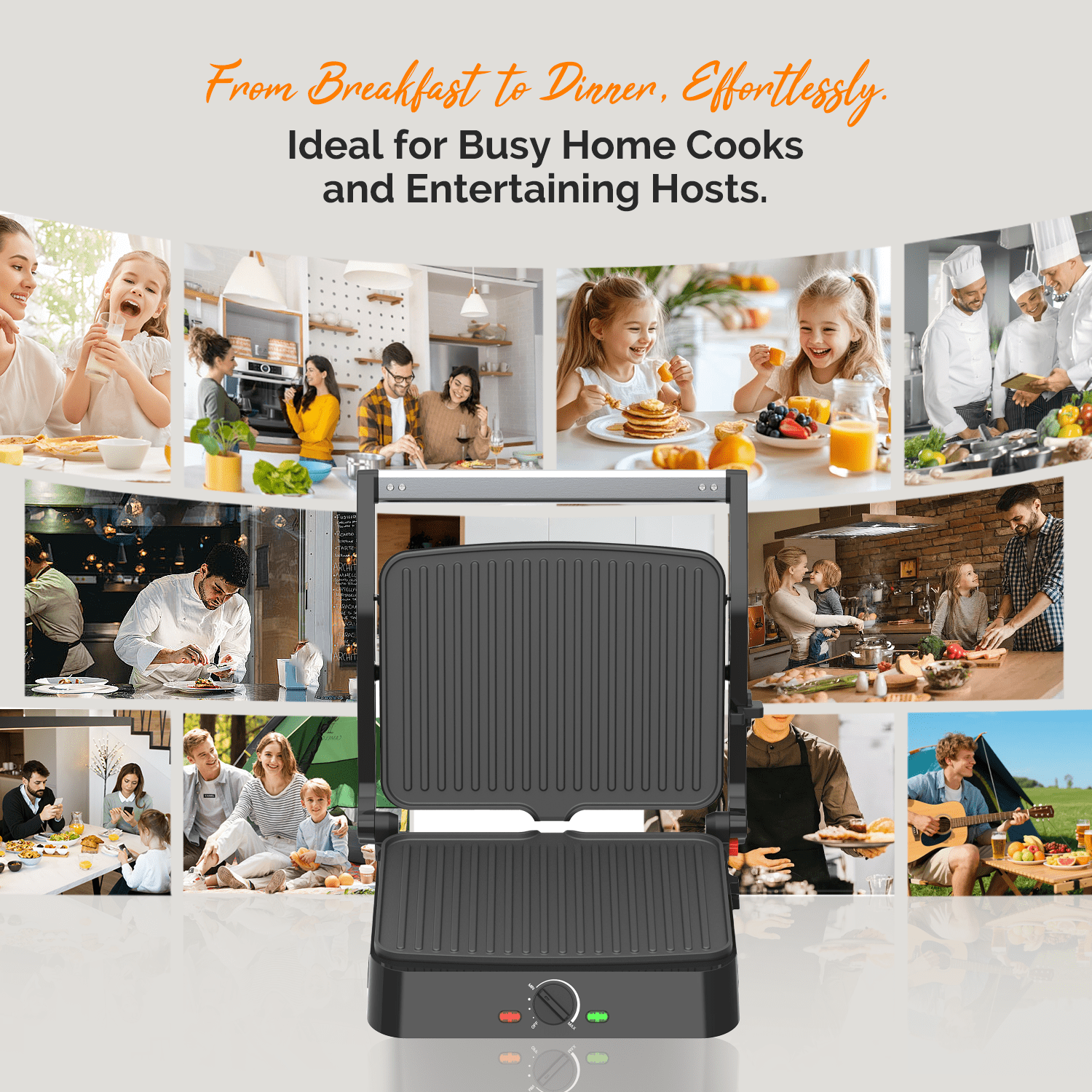 MIRASTON Electric Panini Press Grill - 3-in-1 Sandwich Maker with Non-Stick Plates, 180° Flat Open, Dishwasher Safe, Silver