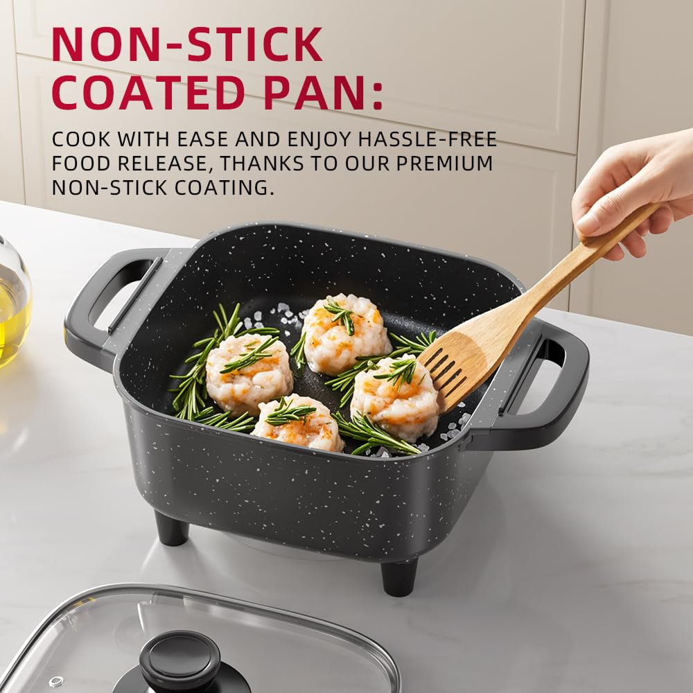 AORAN KITCHEN Electric Frying Pan with Lid - Multifunctional Skillet for Frying, Grilling, Boiling & Cooking, Nonstick, Compact, Easy-to-Clean, Adjustable Temp Control Black