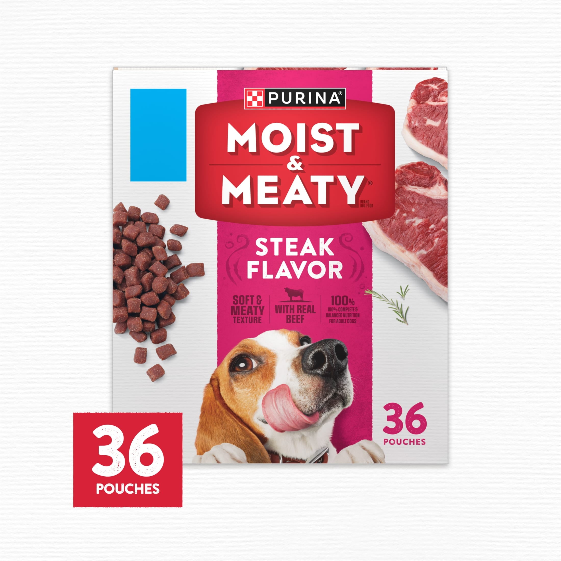 Purina Moist & Meaty Dry Dog Food - High Protein Steak Flavor with Real Beef, 6 oz Pouches (36 Pack)