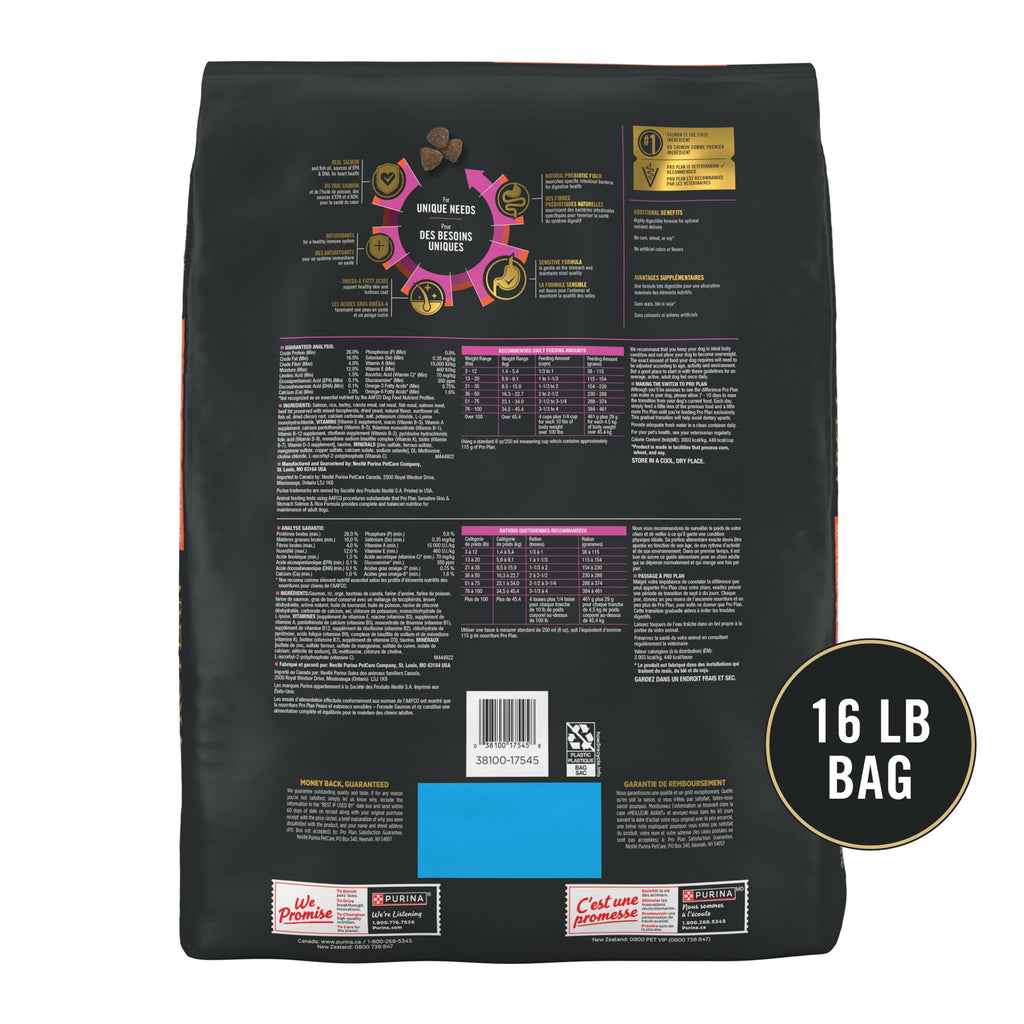 Purina Pro Plan Dry Dog Food for Adult Dogs - High Protein, Sensitive Stomach, Salmon & Rice, 16 lb Bag