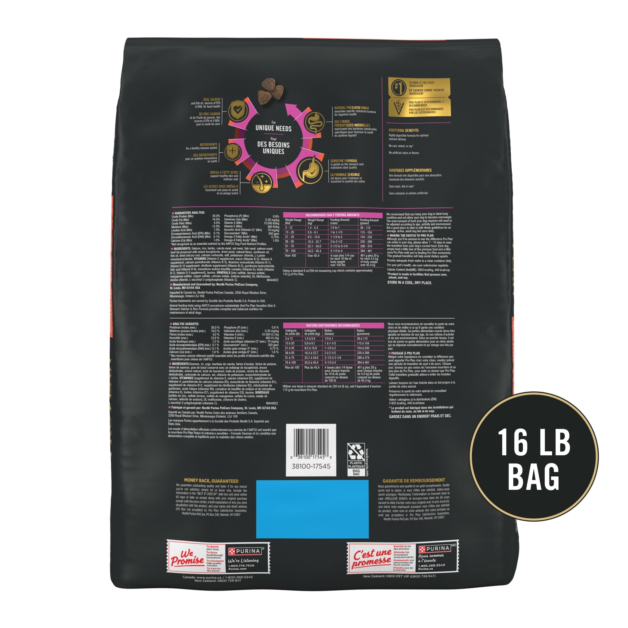 Purina Pro Plan Dry Dog Food for Adult Dogs - High Protein, Sensitive Stomach, Salmon & Rice, 16 lb Bag