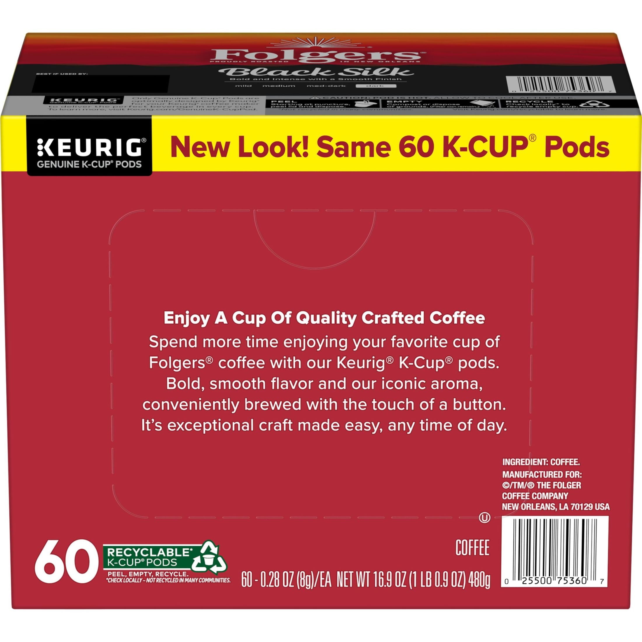 Folgers Black Silk - Dark Roast Coffee, Keurig K Cup Pods, 60 Count Box