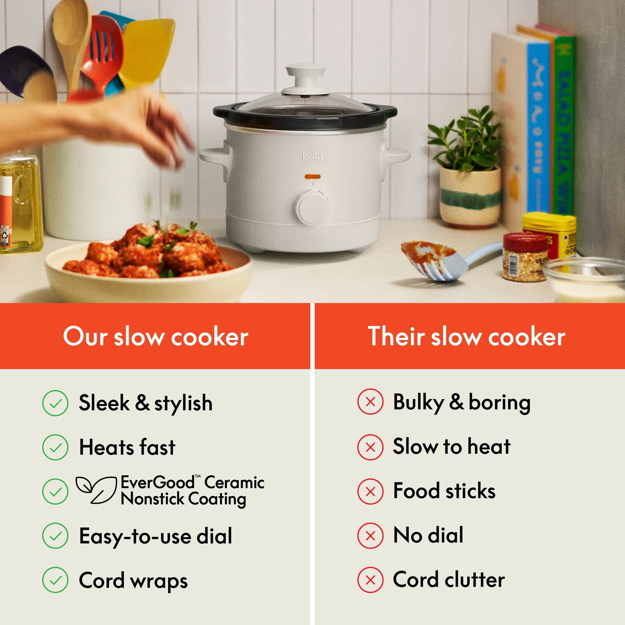 bella 1.5 Qt Manual Slow Cooker with 3 Heat Settings - Ceramic Nonstick Coating, Dishwasher Safe Pot & Tempered Glass Lid, Oatmilk