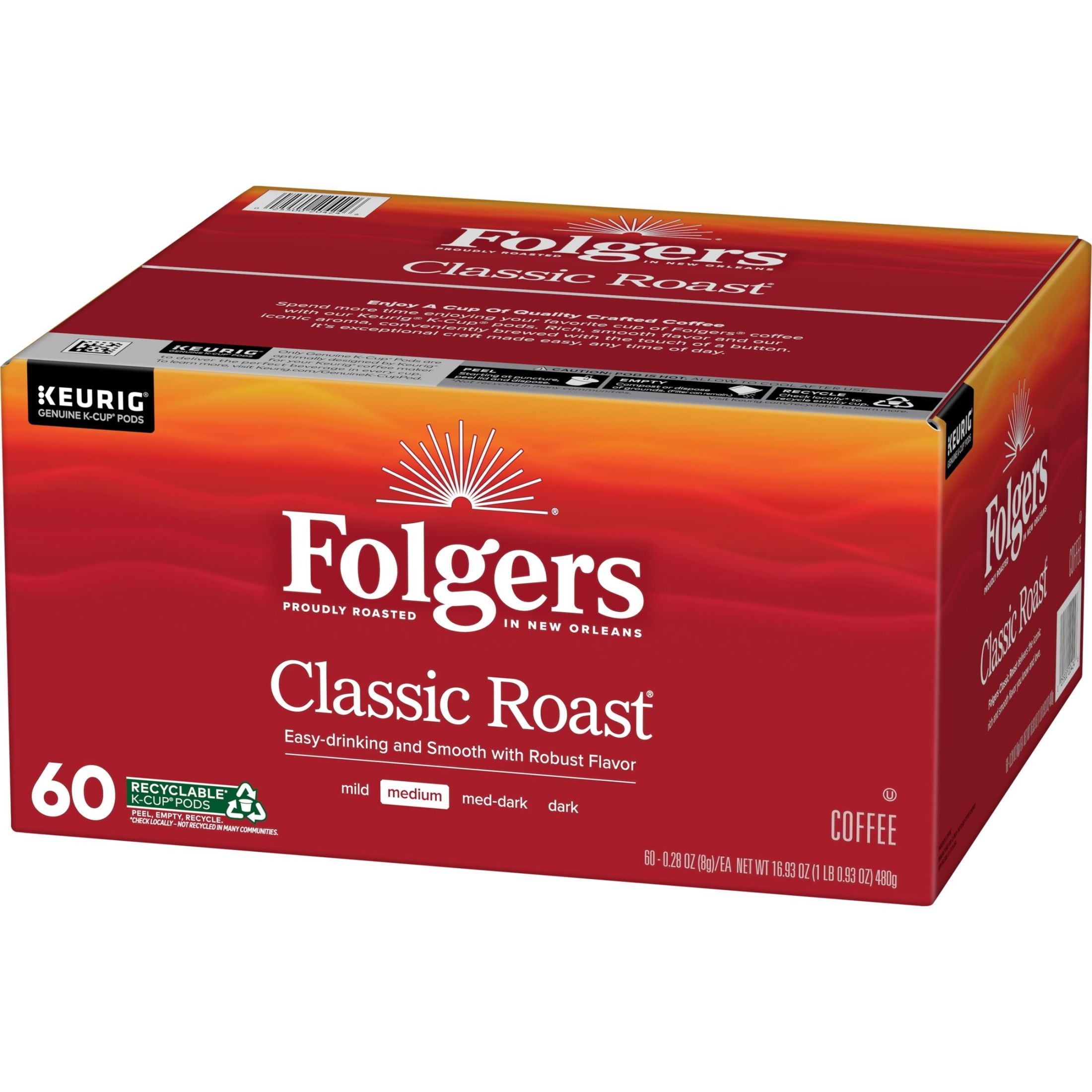Folgers Classic Roast - Medium Roast Coffee, Keurig K Cup Pods, 60 Count Box