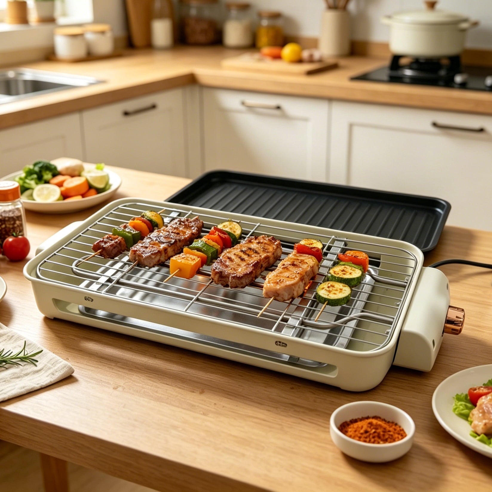 REDUSK Electric Indoor Grill 1500W - 3 in 1 Versatile Smokeless Indoor Grill for Home Cooking, Non-Stick Removable Grill & Griddle Plate, Temperature Control, White