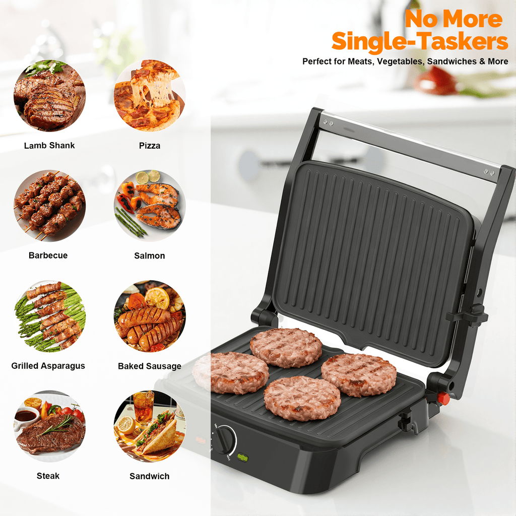 MIRASTON Electric Panini Press Grill - 3-in-1 Sandwich Maker with Non-Stick Plates, 180° Flat Open, Dishwasher Safe, Silver