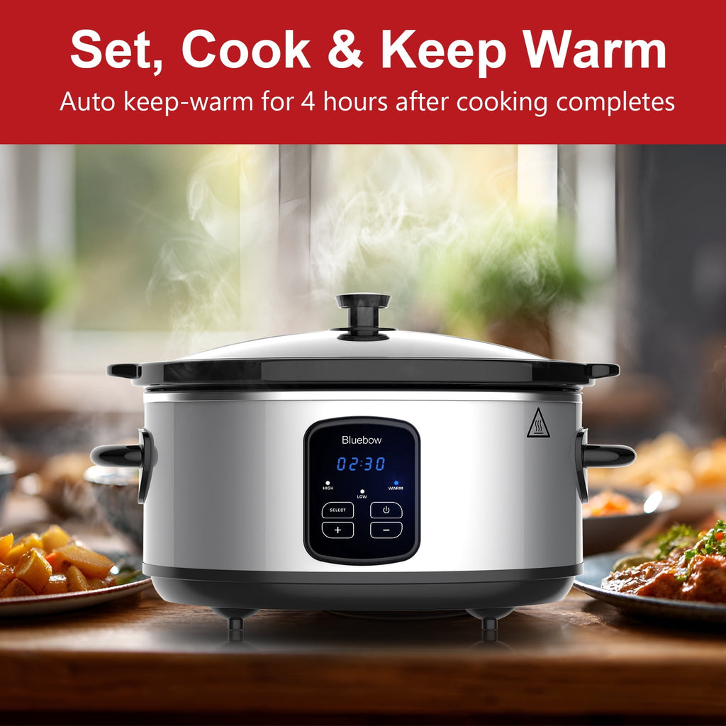 Bluebow 6QT Slow Cooker - Stoneware Crock with Removable Pot, 3 Heat Settings, Non-Stick & Auto Keep Warm, Stainless Steel
