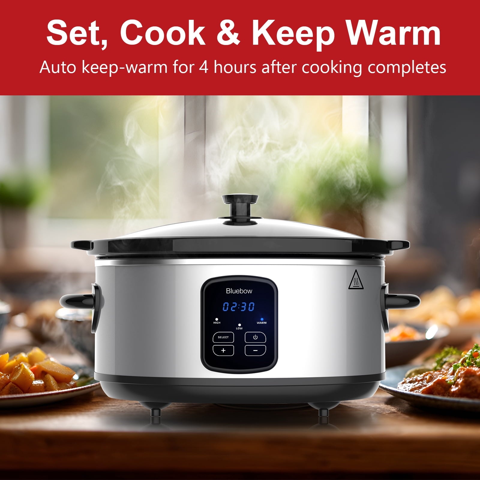 Bluebow 6QT Slow Cooker - Stoneware Crock with Removable Pot, 3 Heat Settings, Non-Stick & Auto Keep Warm, Stainless Steel