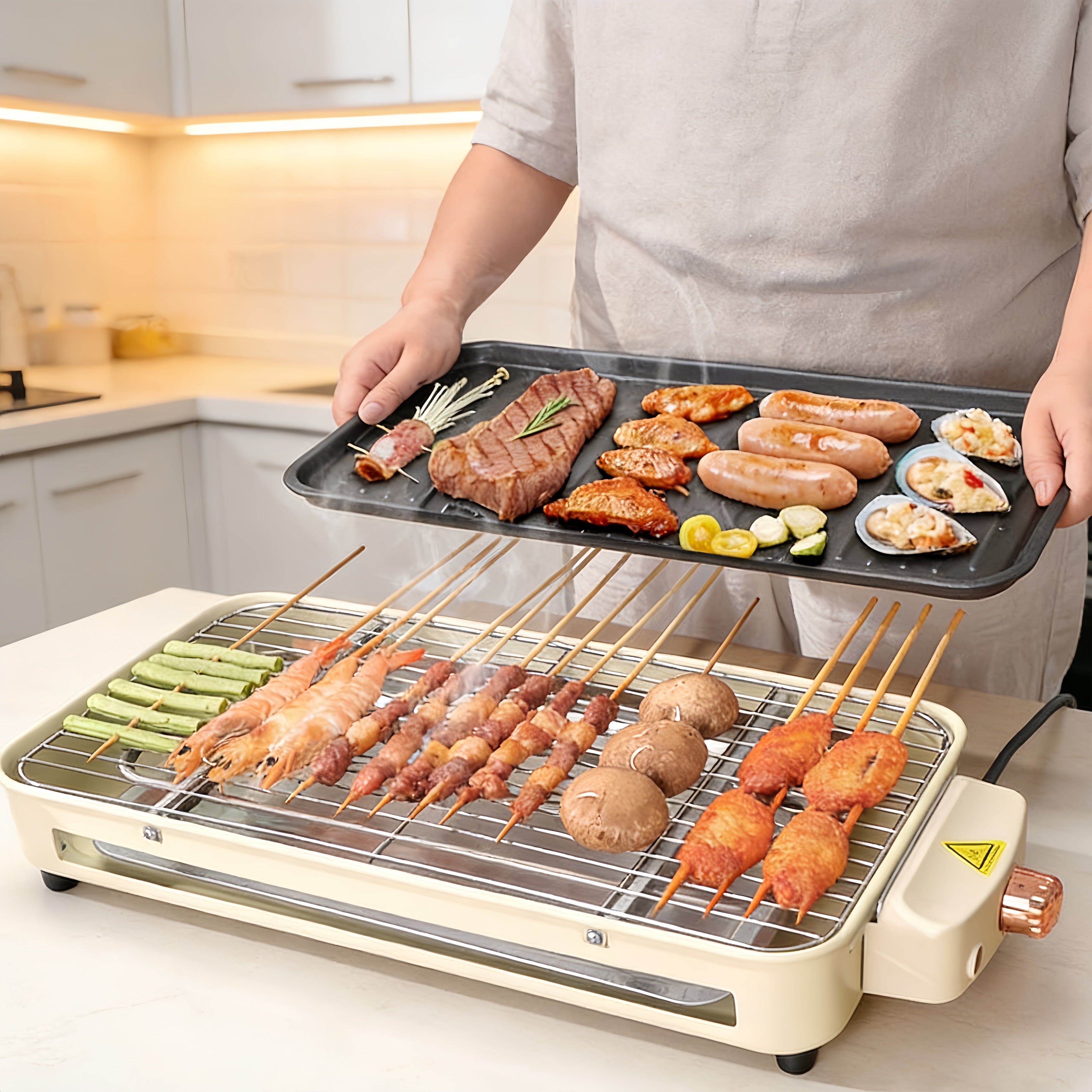REDUSK Electric Indoor Grill 1500W - 3 in 1 Versatile Smokeless Indoor Grill for Home Cooking, Non-Stick Removable Grill & Griddle Plate, Temperature Control, White