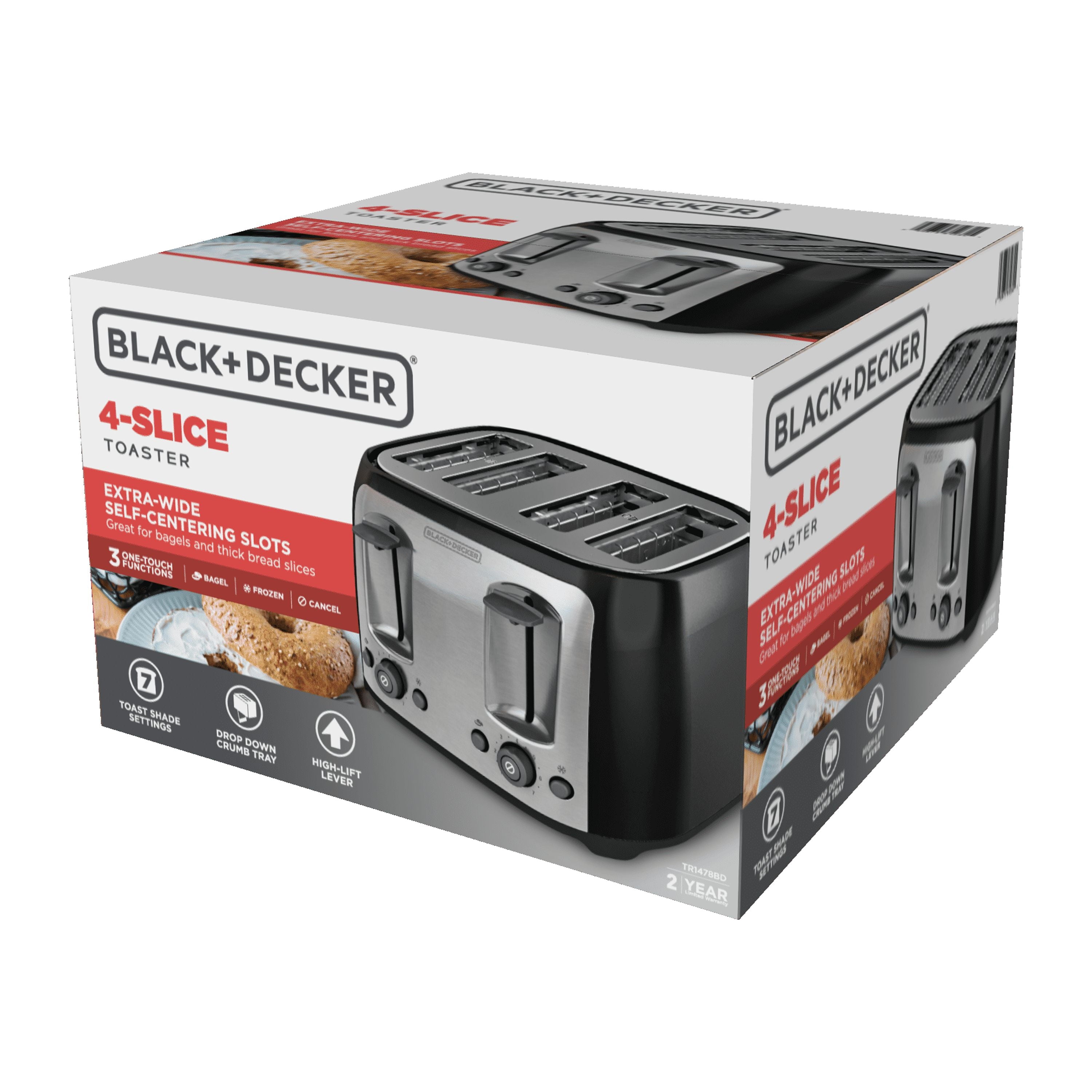 BLACK+DECKER 4-Slice Toaster with Extra-Wide Slots - Black with Stainless Steel Accents, including Crumb Tray