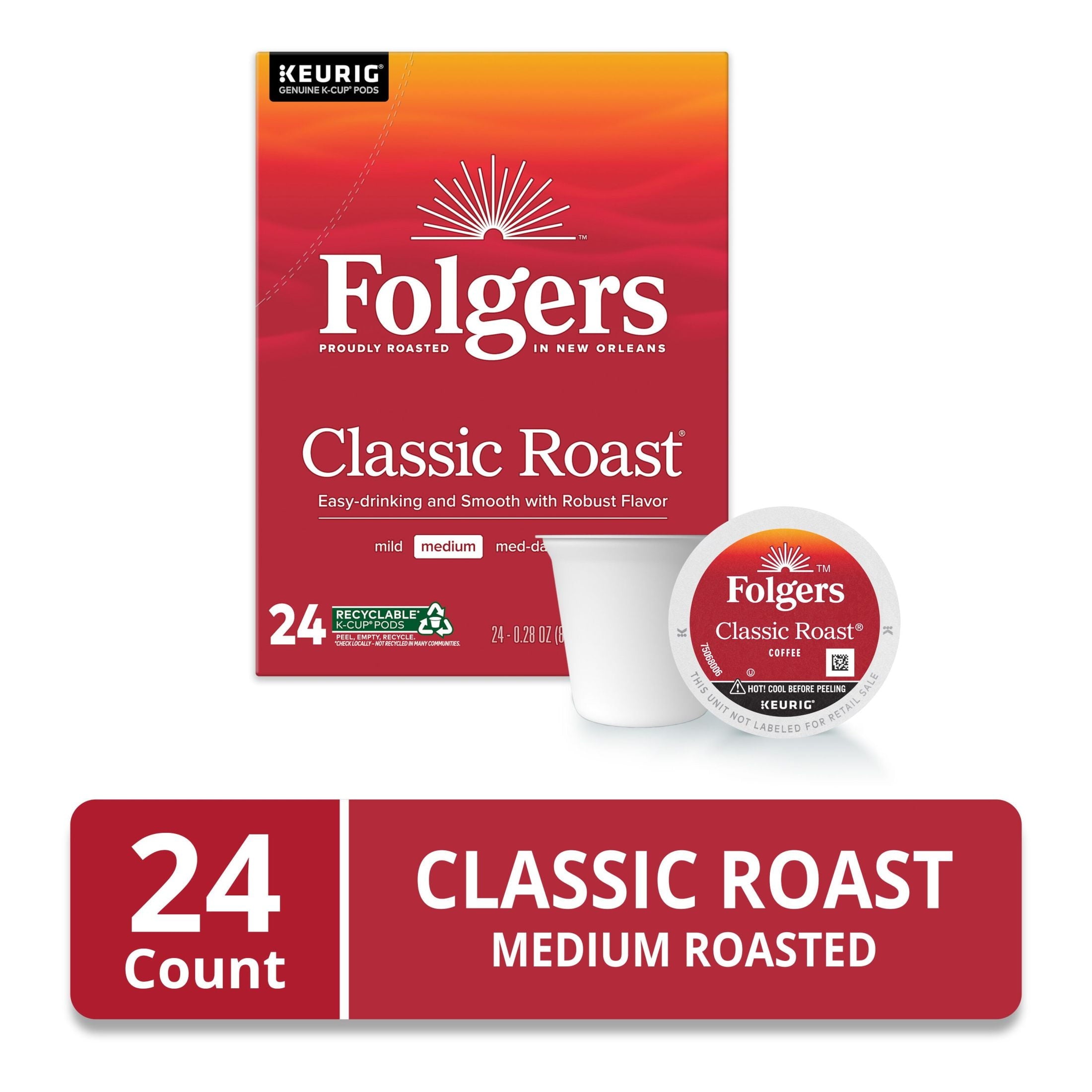 Folgers Classic Roast - Medium Roast Coffee, Keurig K Cup Pods, 24 Count Box - 4-Pack