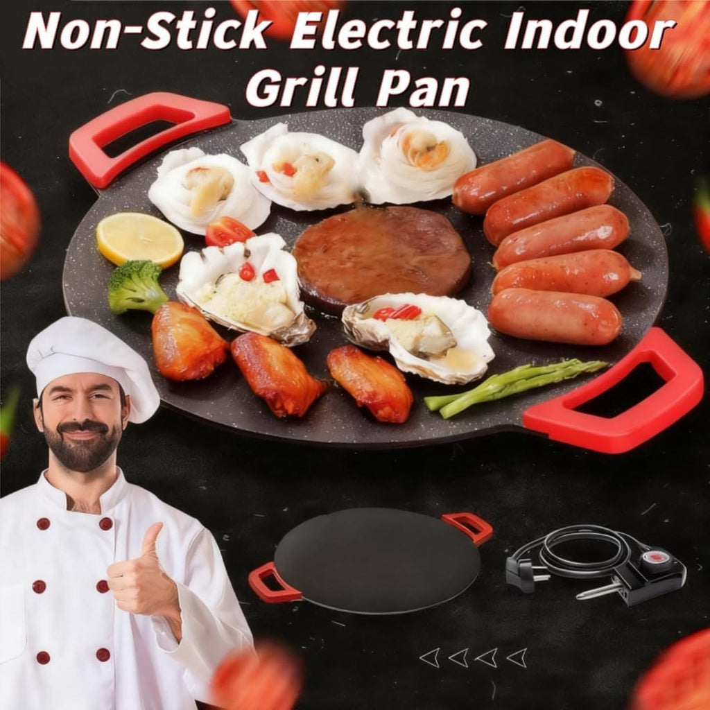 110V Round Nonstick Electric Indoor Grill - Portable Multi-Function Countertop BBQ Griddle, Adjustable Temp Control Non-Stick Cooking Plate for Steak, Pancake, Meat & Vegetable Home Use