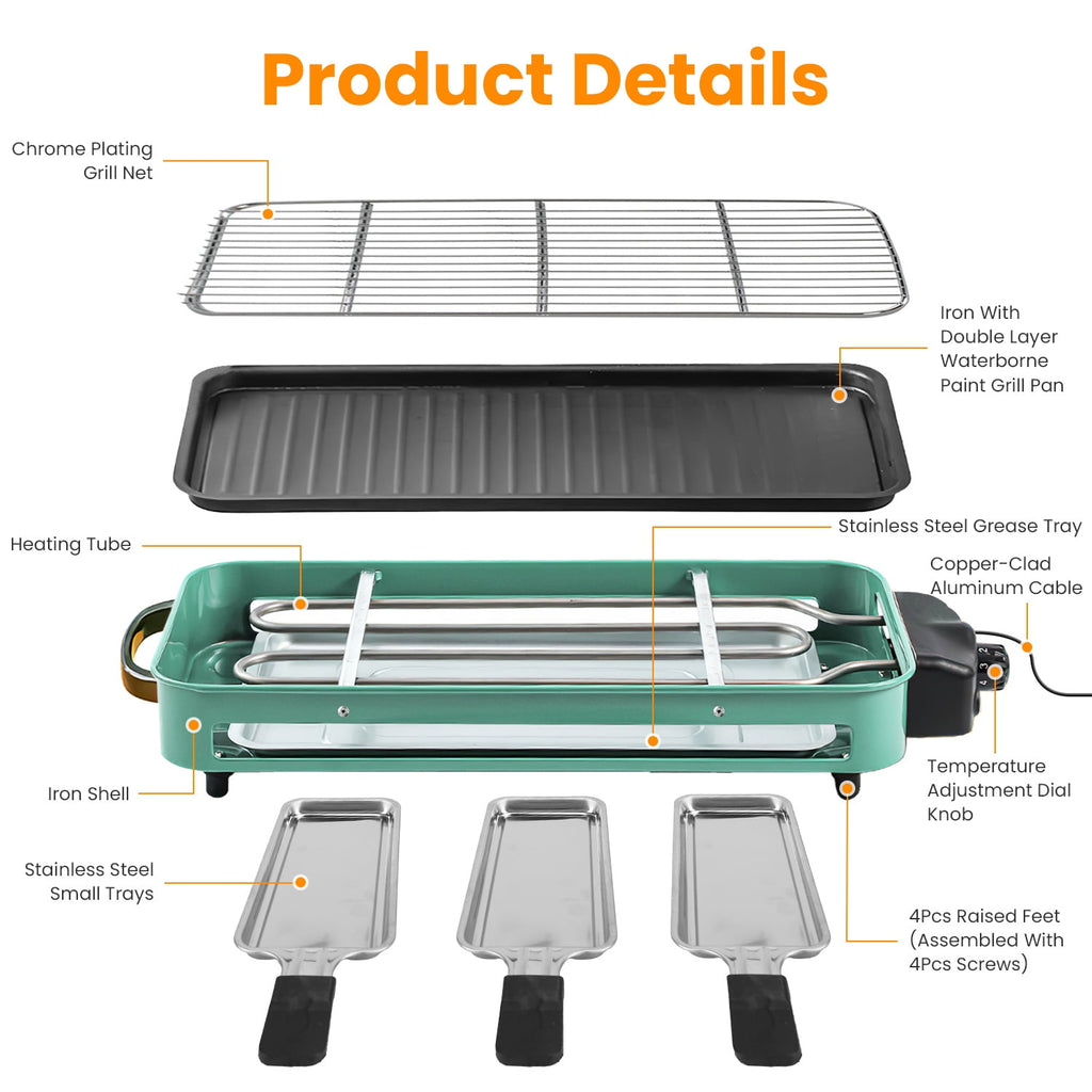TeqHome Counter Top Indoor Grill Electric 2 in 1 1500W Electric Grill for Kitchen with Grill Net 5 Temperature Control 3 Small Trays Removeable Plate Dishwasher Safe Green