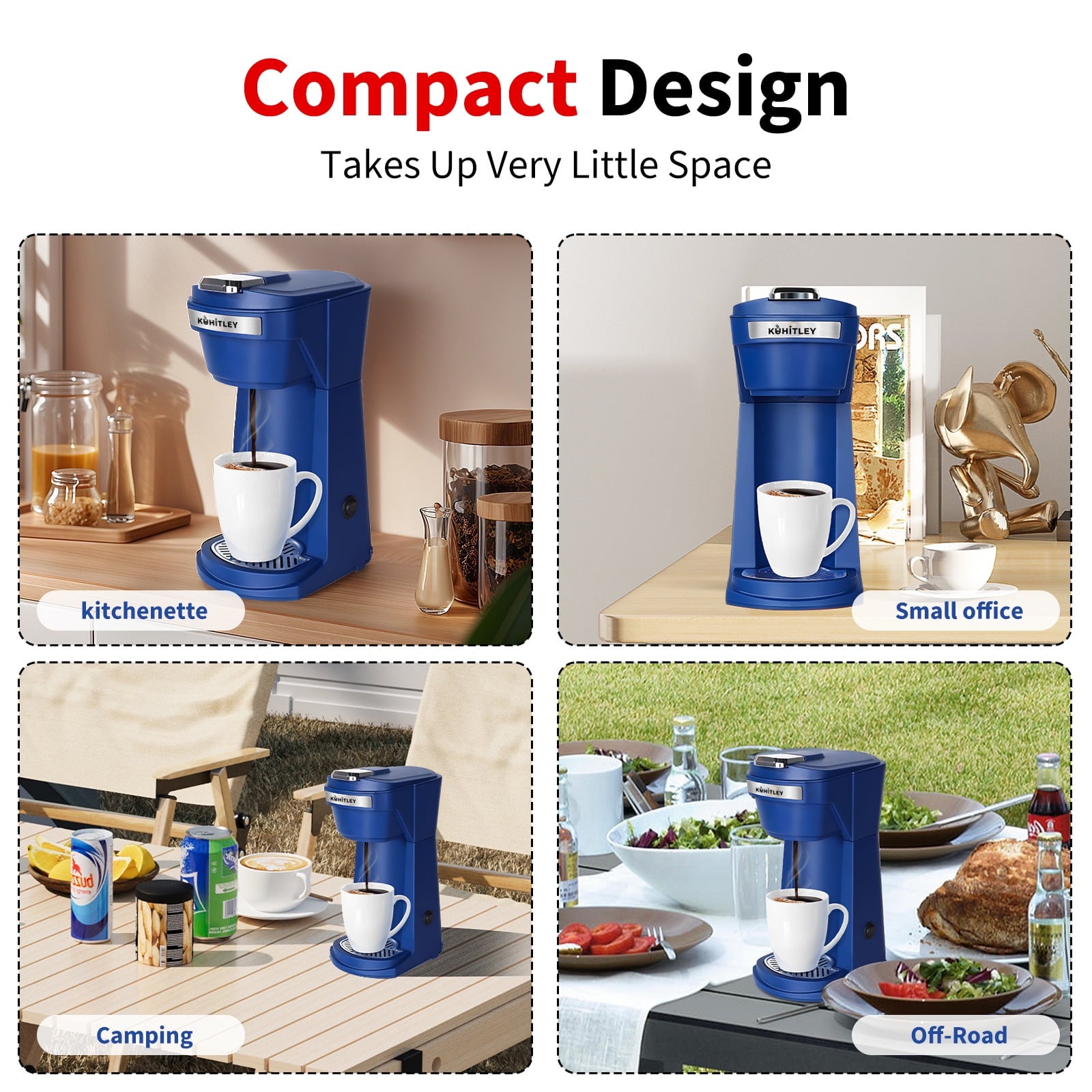 2 in 1 Single Serve Coffee Maker for K Cup Pods & Ground Coffee - Mini K Cup Coffee Machine with 6 to 14 oz Brew Sizes, Single Cup Coffee Brewer with One-Press Fast Brewing, Reusable Filters, Blue