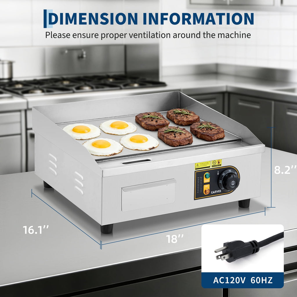 18" Commercial Electric Griddle - 1700W Non-Stick Flat Top Stainless Steel Grill - Adjustable Temp 122°F-572°F - Countertop Kitchen Appliance with 2 Shovels & 2 Brushes, Ideal for Home & Restaurant