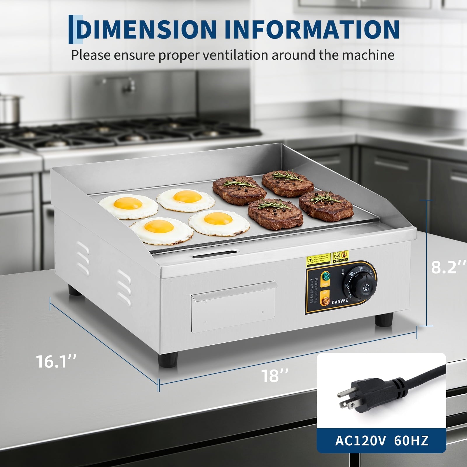 18" Commercial Electric Griddle - 1700W Non-Stick Flat Top Stainless Steel Grill - Adjustable Temp 122°F-572°F - Countertop Kitchen Appliance with 2 Shovels & 2 Brushes, Ideal for Home & Restaurant