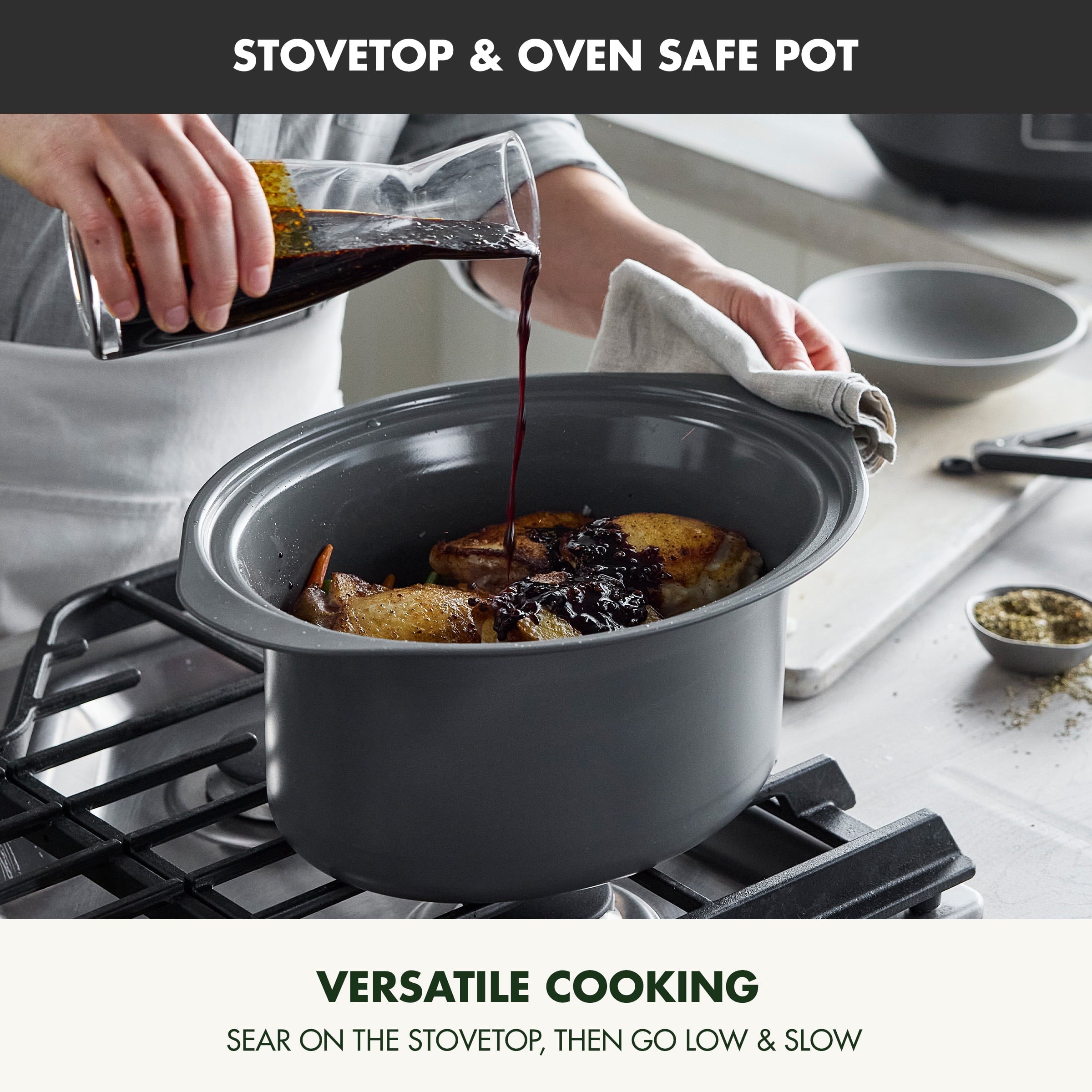 GreenPan 8 Quart Locking Lid Slow Cooker - Healthy Ceramic Nonstick, Graphite