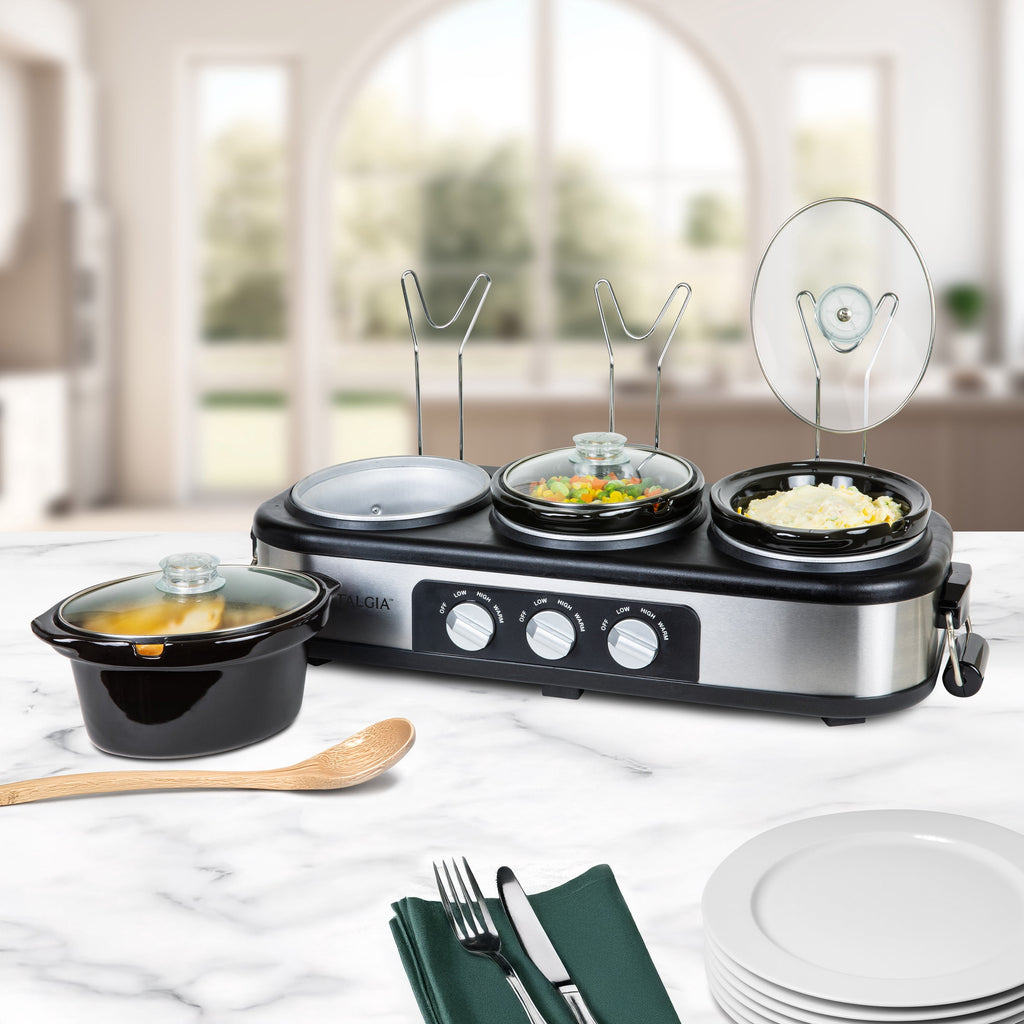 Nostalgia 1.5 qt Triple Slow Cooker - 3 Crock Pot Buffet Server with Removable Ceramic Pots, Stainless Steel