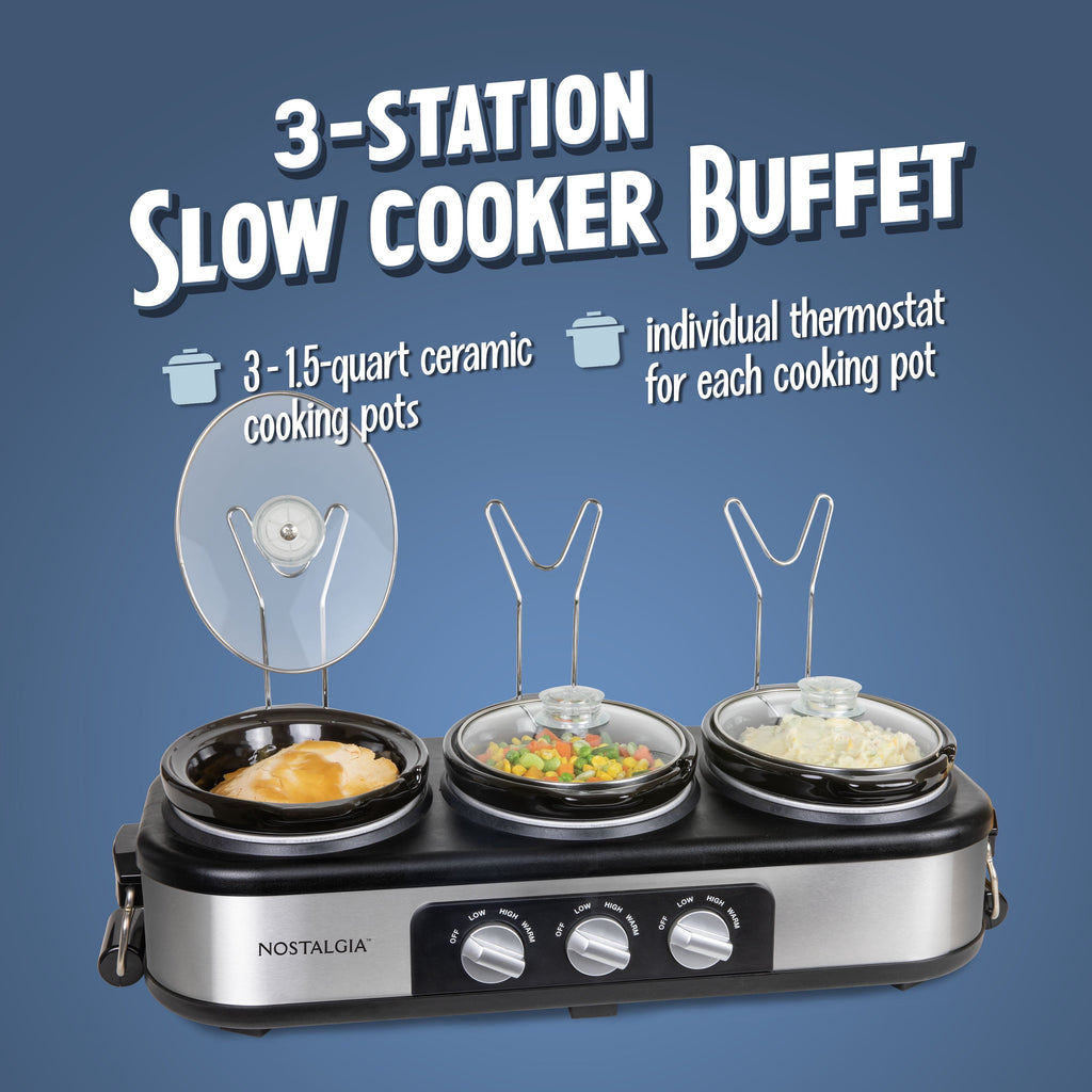 Nostalgia 1.5 qt Triple Slow Cooker - 3 Crock Pot Buffet Server with Removable Ceramic Pots, Stainless Steel