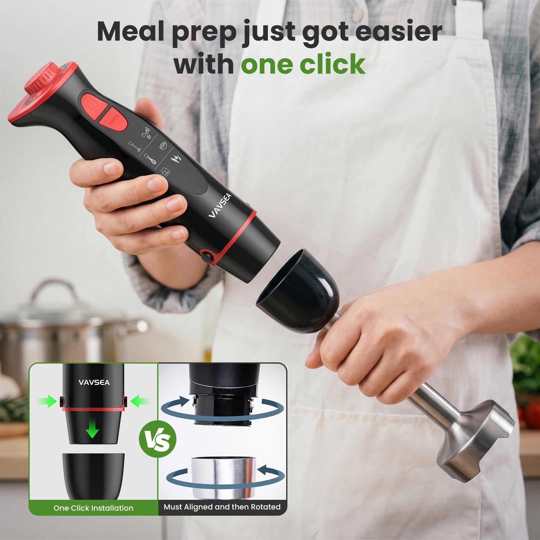 VAVSEA Immersion Blender - 1100W 5-in-1 Hand Blender, 24-Speed Stick Blender for Small Kitchen, Splash-Resistant Handheld Blender Mixer with Turbo Mode for Smoothies, Baby Food, Black