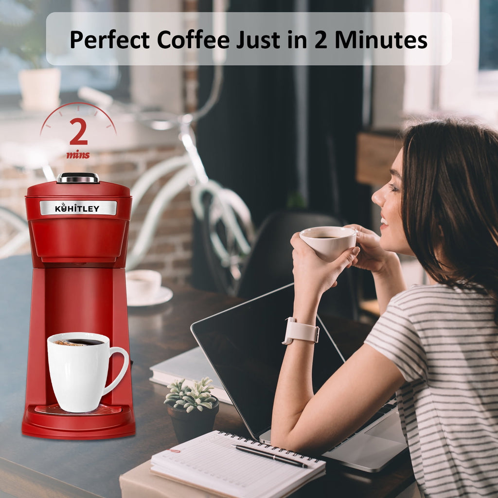 2 in 1 Single Serve Coffee Maker for K Cup Pods & Ground Coffee - Mini K Cup Coffee Machine with 6 to 14 oz Brew Sizes, Single Cup Coffee Brewer with One-Press Fast Brewing, Reusable Filters, Red