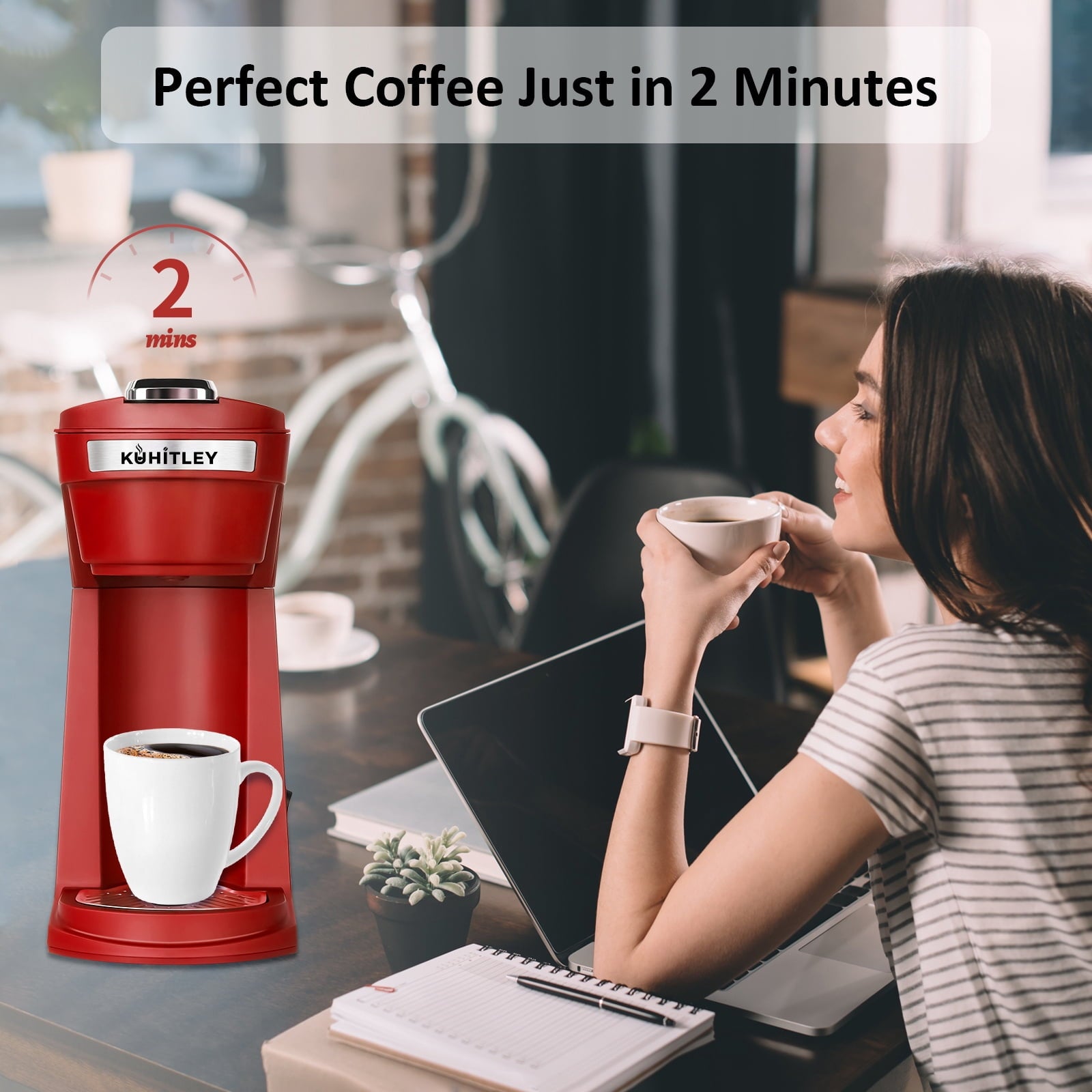 2 in 1 Single Serve Coffee Maker for K Cup Pods & Ground Coffee - Mini K Cup Coffee Machine with 6 to 14 oz Brew Sizes, Single Cup Coffee Brewer with One-Press Fast Brewing, Reusable Filters, Red