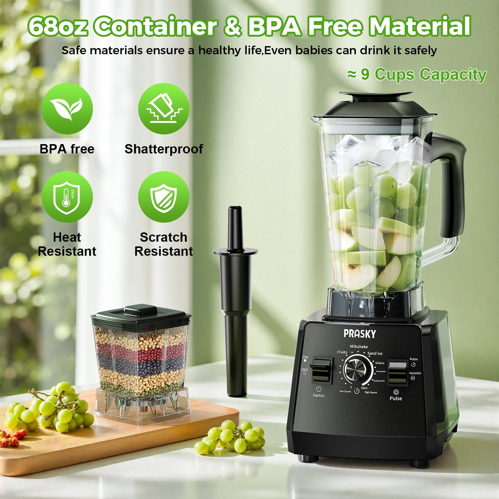 PRASKY Countertop Blender - 2-in-1 Professional Blender, 68oz Capacity 1000W 6 Speeds Blender for Kitchen with 25oz to-go Cup (Black)
