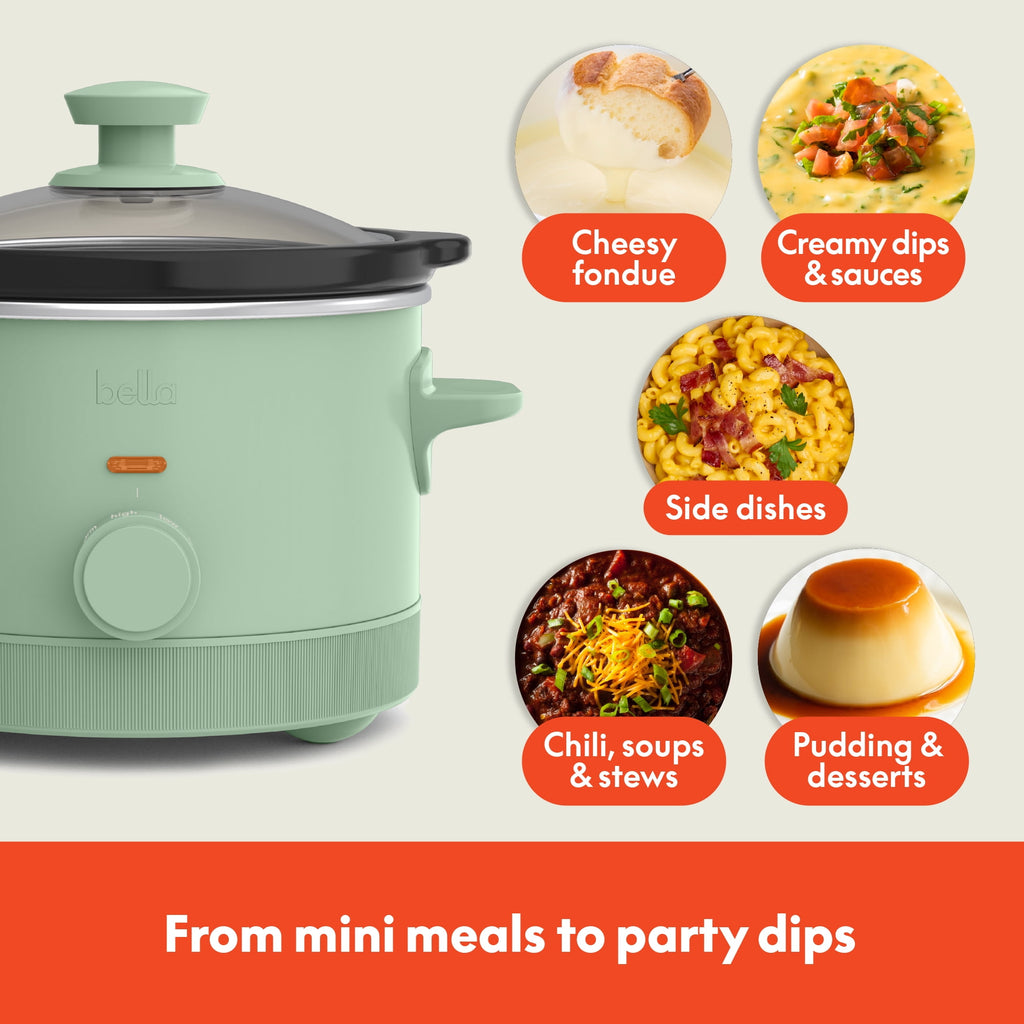 bella 1.5 Qt Manual Slow Cooker with 3 Heat Settings - Ceramic Nonstick Coating, Dishwasher Safe Pot & Tempered Glass Lid, Seaglass
